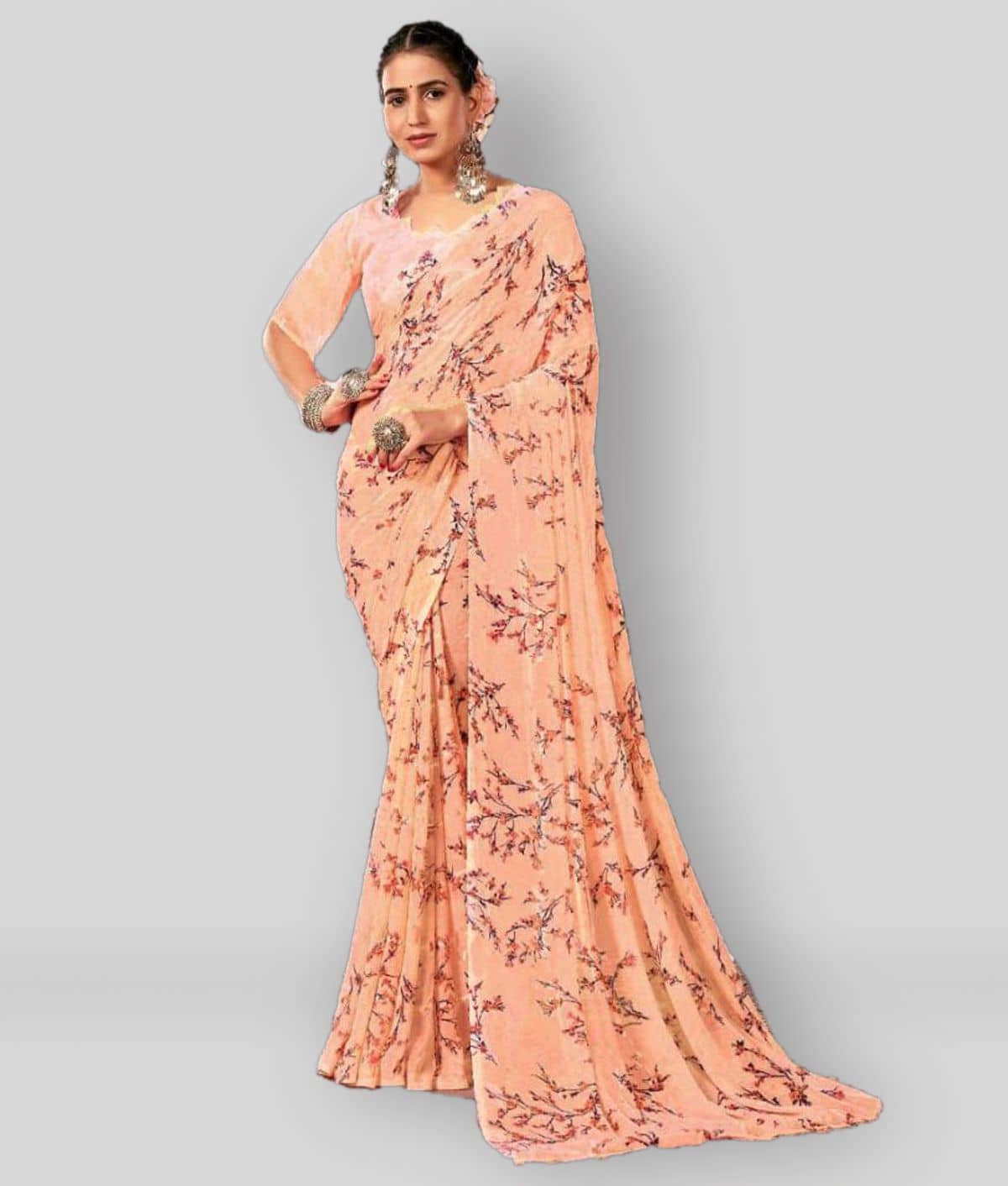 Bhuwal Fashion Georgette Printed Saree With Unstitched Blouse Piece ( Yellow ) - Sarees | Buy online on ZillyBuy