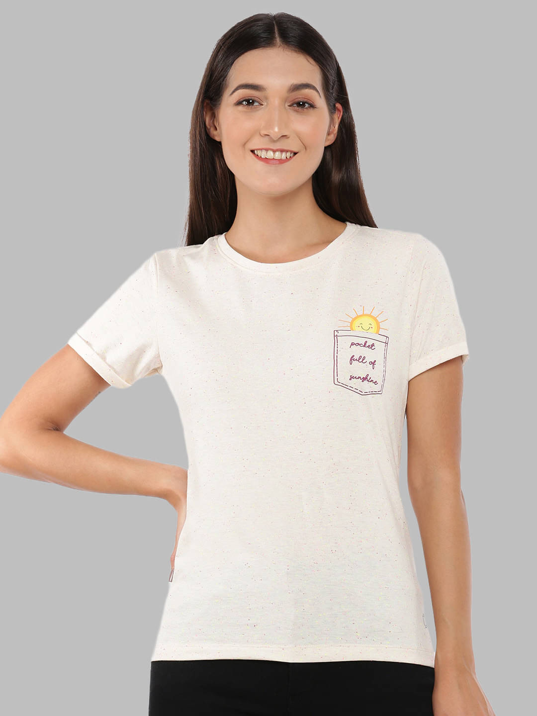     			Dollar Missy Women Cotton Printed Regular Fit Round Neck T-Shirt ( Cream )