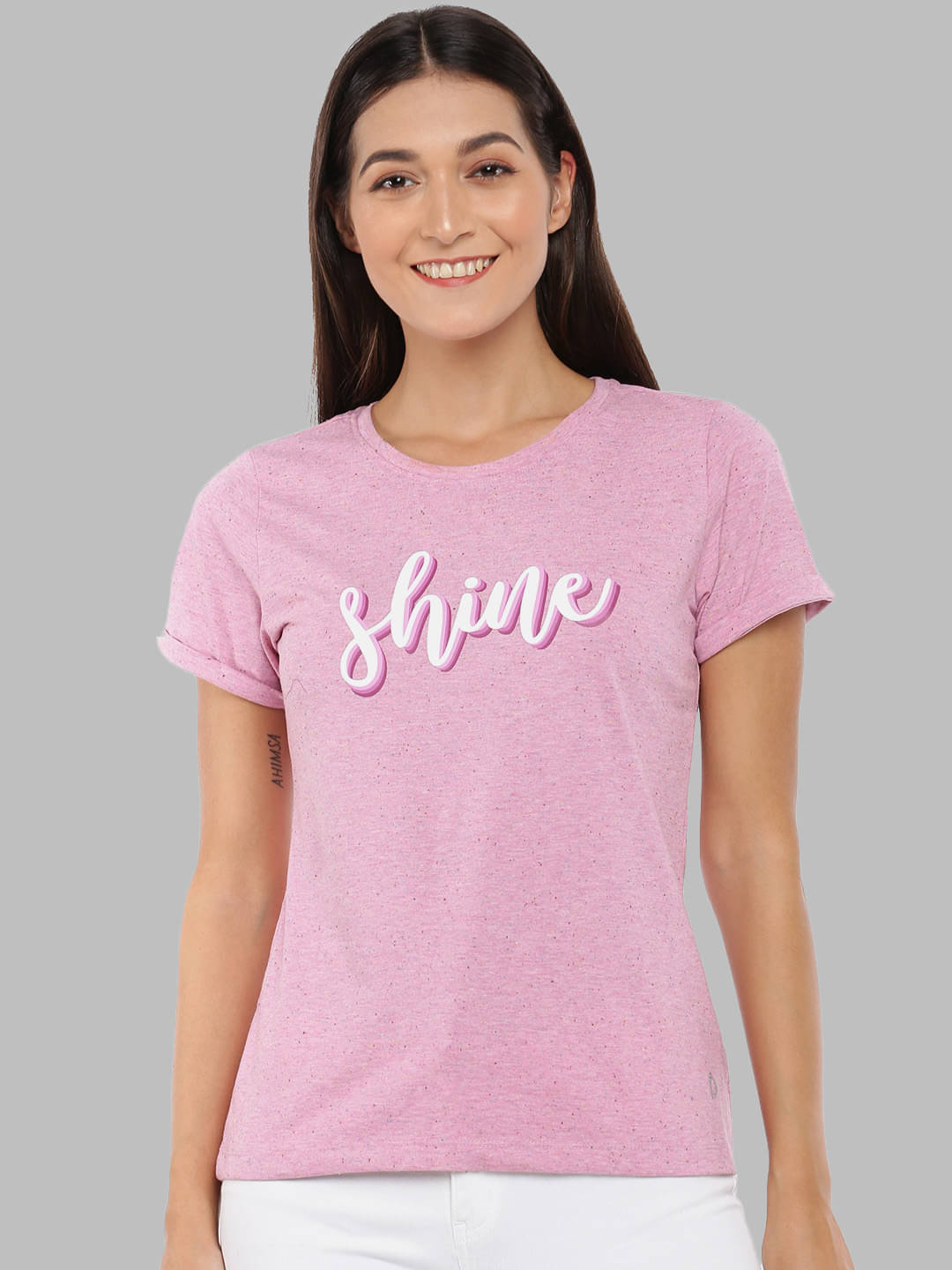     			Dollar Missy Women Cotton Printed Regular Fit Round Neck T-Shirt ( Pink )