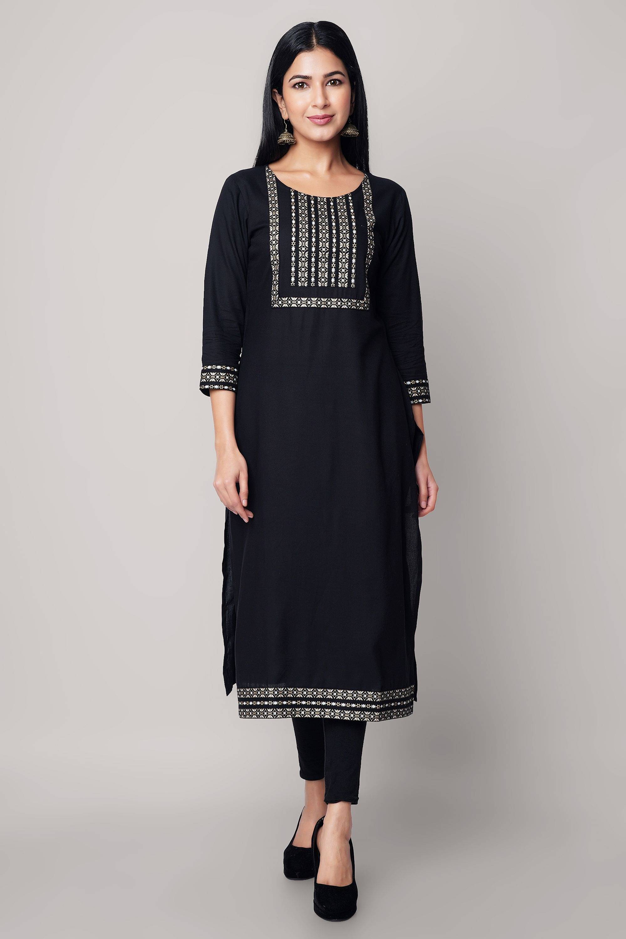 GOD BLESS - Black Rayon Women's Straight Kurti ( Pack of 1 )     			GOD BLESS - Black Rayon Women's Straight Kurti ( Pack of 1 )