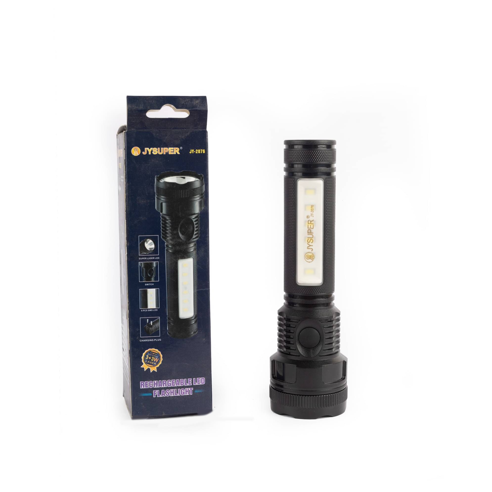 JY Super 2076 - 3W Rechargeable Flashlight Long Range LED Flashlight with 3W 6Pcs. SMD LED Emergency Light (Black)( Pack of 1 ) JY Super 2076 - 3W Rechargeable Flashlight Long Range LED Flashlight with 3W 6Pcs. SMD LED Emergency Light (Black)( Pack of 1 )