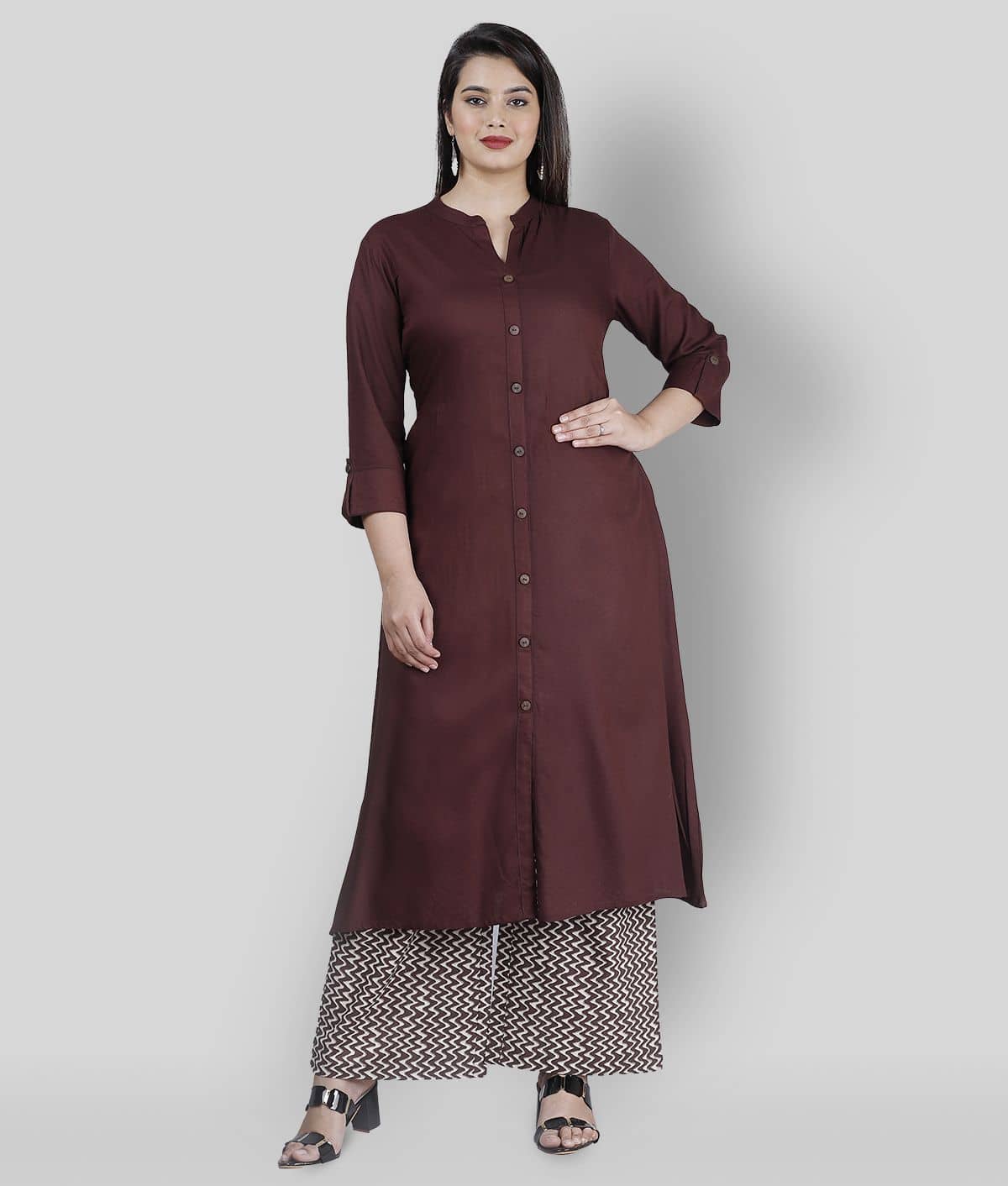 MAUKA - Brown Front Slit Rayon Women's Stitched Salwar Suit ( Pack of 1 )