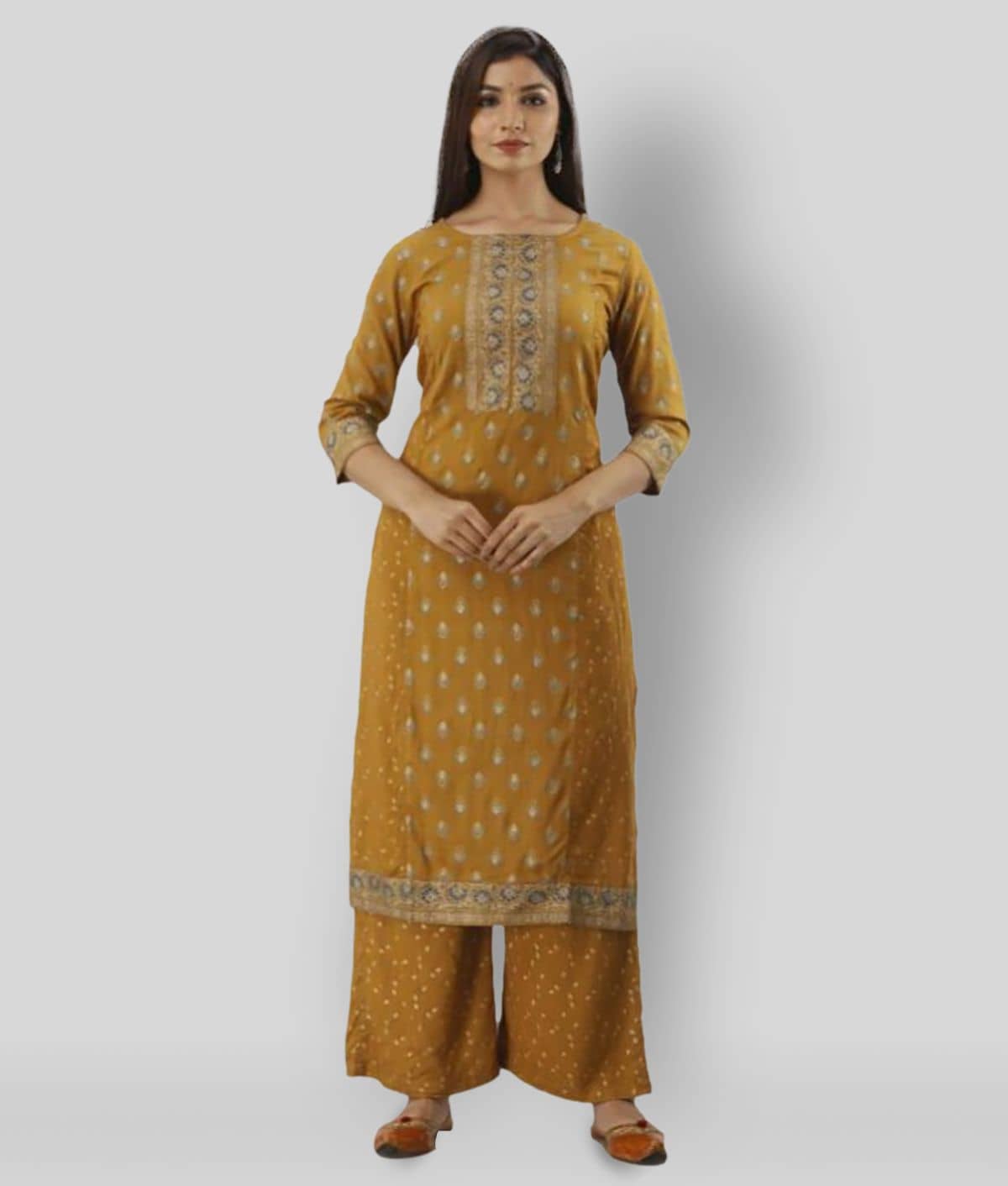 MAUKA - Gold Straight Rayon Women's Stitched Salwar Suit ( Pack of 1 )