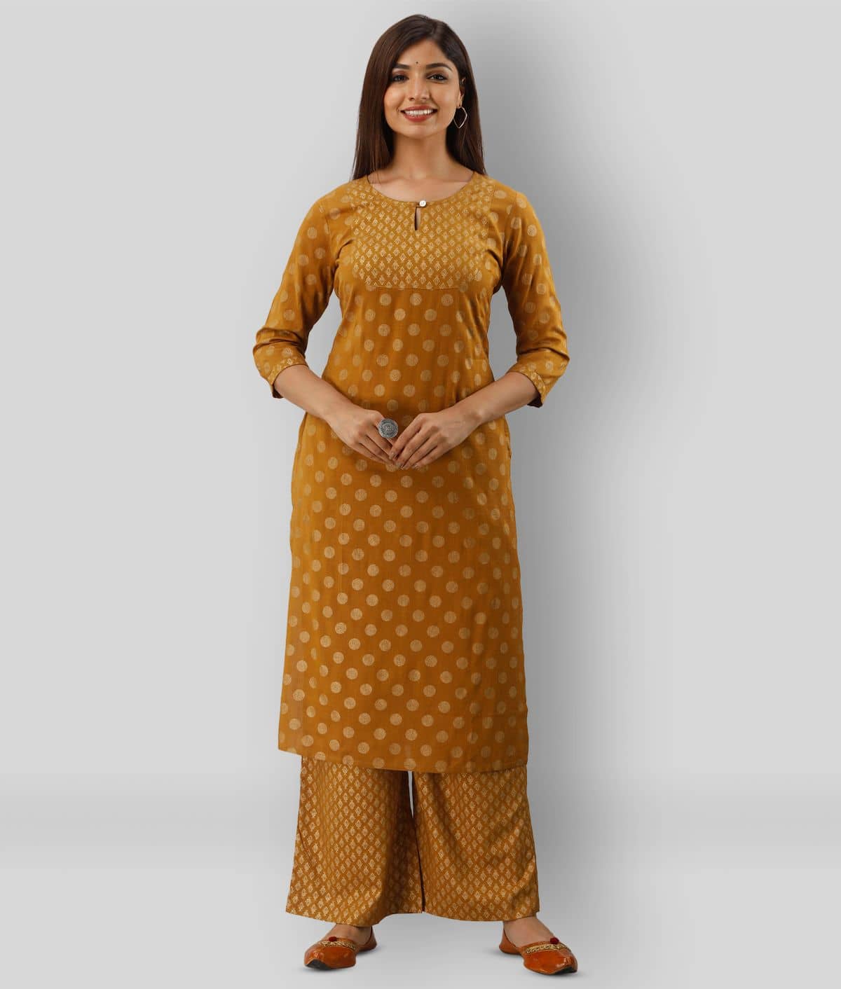 MAUKA - Gold Straight Rayon Women's Stitched Salwar Suit ( Pack of 1 )