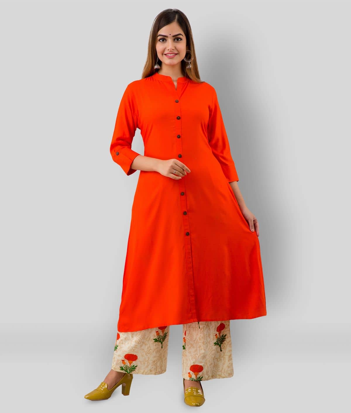MAUKA - Orange Front Slit Rayon Women's Stitched Salwar Suit ( Pack of 1 )
