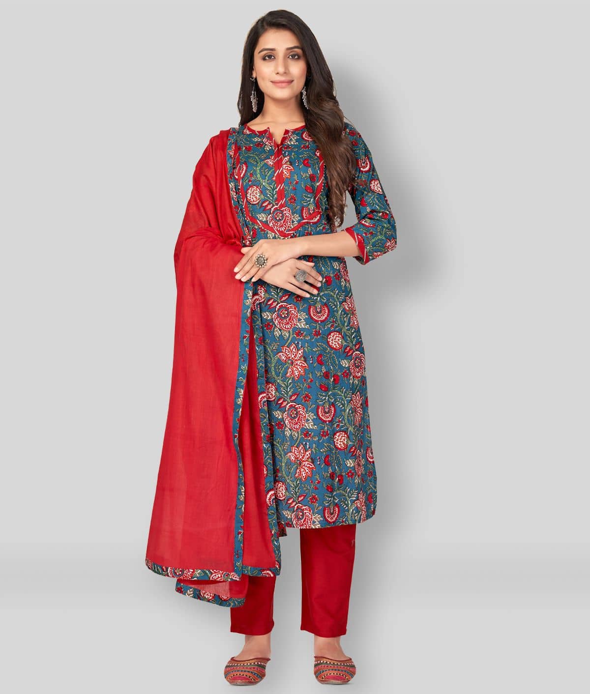 Vbuyz - Red Straight Cotton Women's Stitched Salwar Suit ( Pack of 1 )