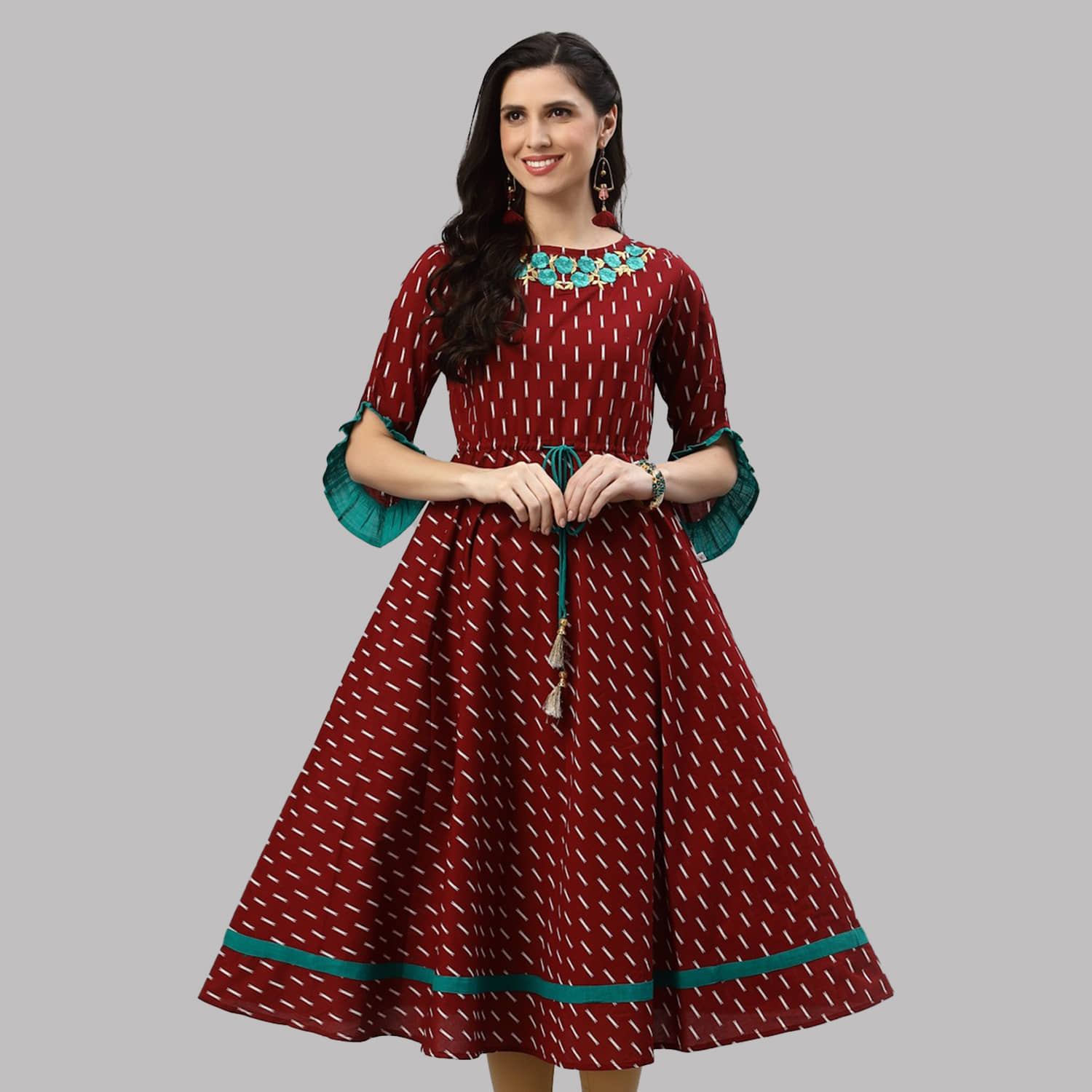 Yash Gallery - Maroon Cotton Women's Flared Kurti ( Pack of 1 ) - Kurtis, Tunics | Buy online on ZillyBuy