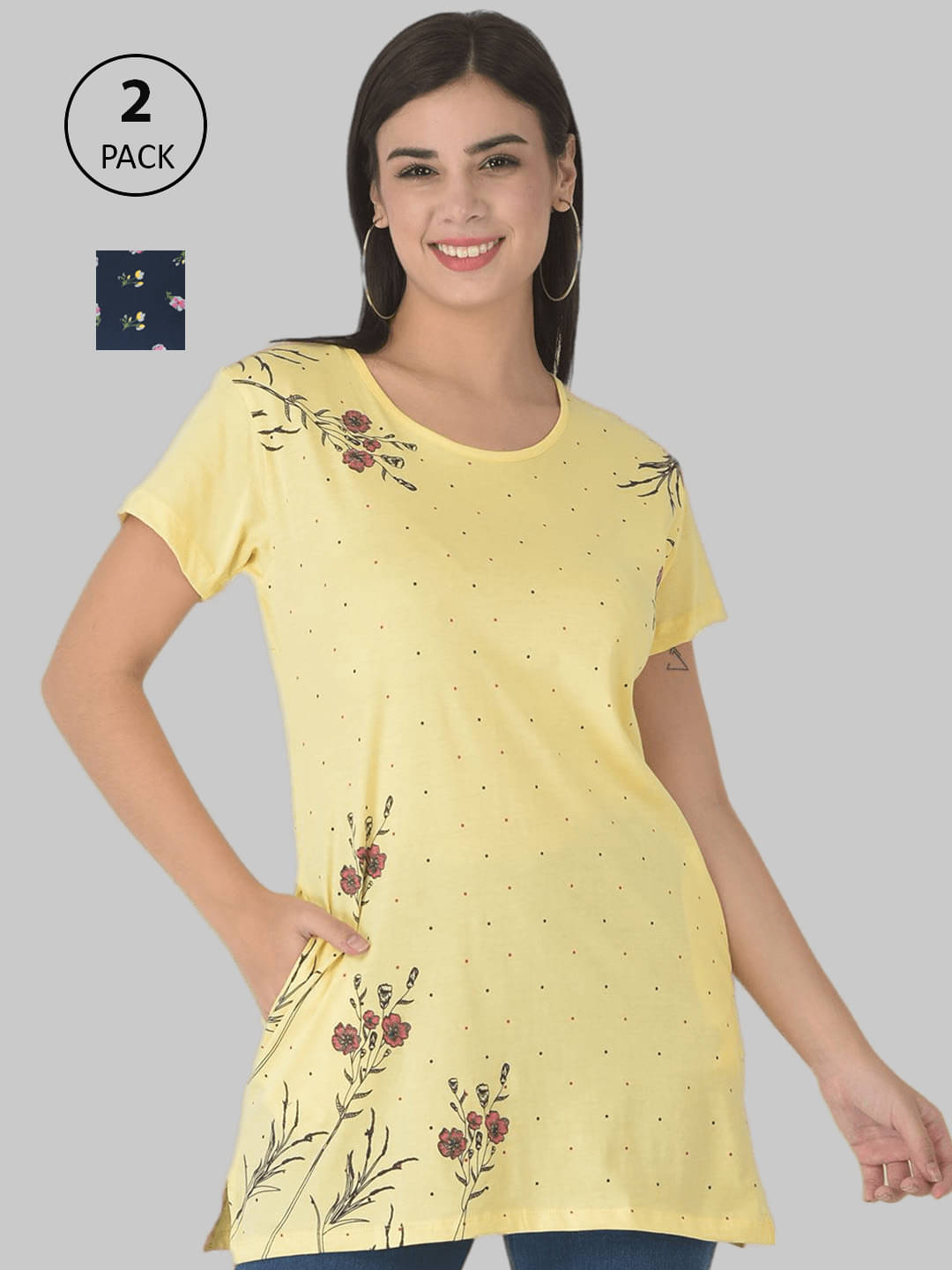     			Dollar Missy Women Cotton Printed Regular Fit Round Neck T-Shirt ( Navy )