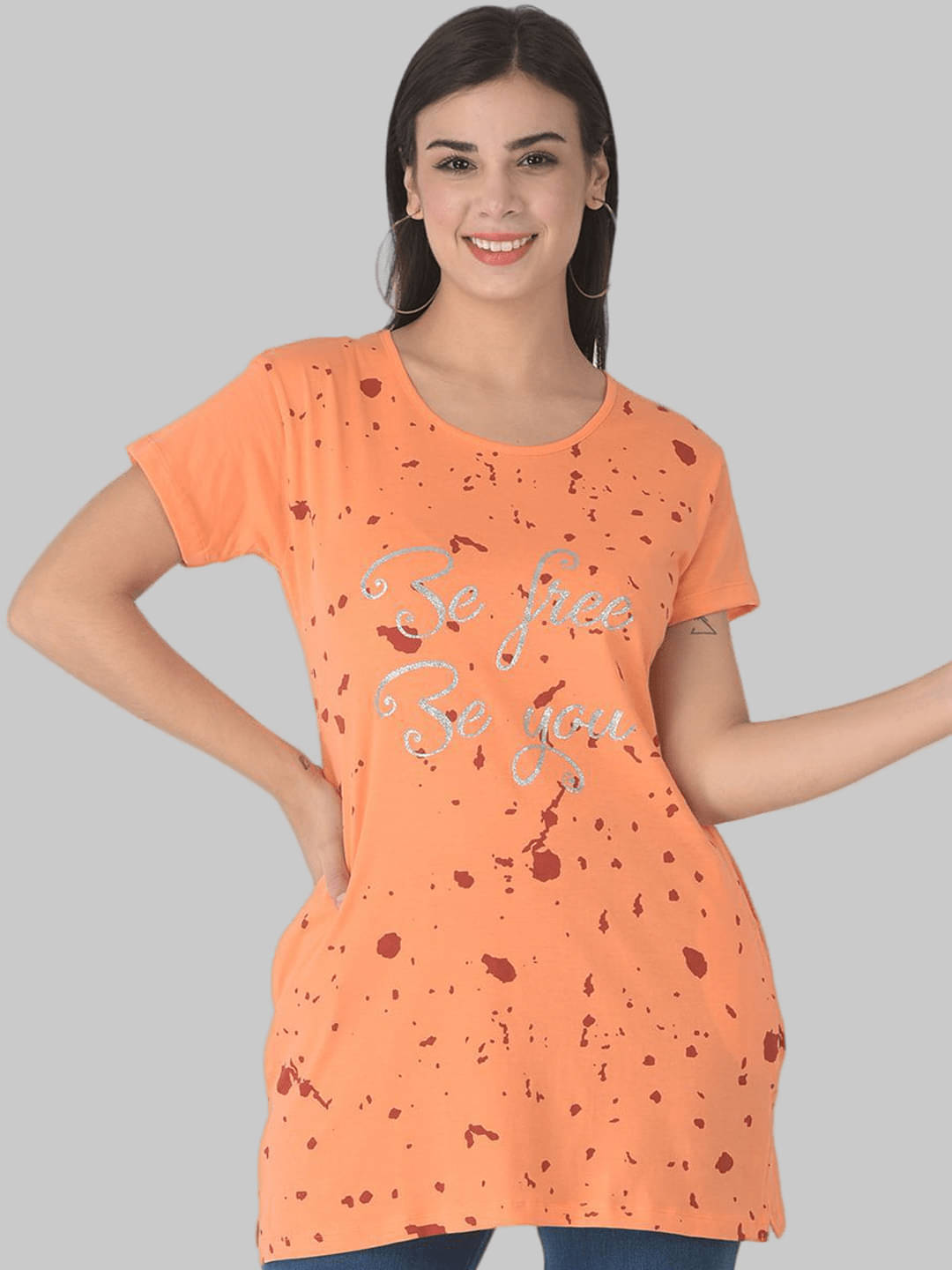 Dollar Missy Women Cotton Printed Regular Fit Round Neck T-Shirt ( Peach )     			Dollar Missy Women Cotton Printed Regular Fit Round Neck T-Shirt ( Peach )