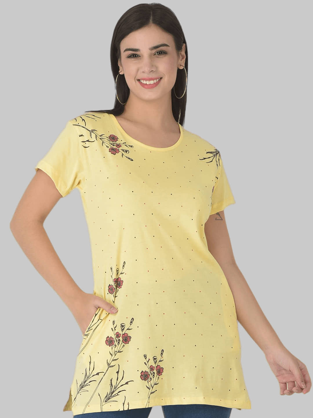 Dollar Missy Women Cotton Printed Regular Fit Round Neck T-Shirt ( Yellow )