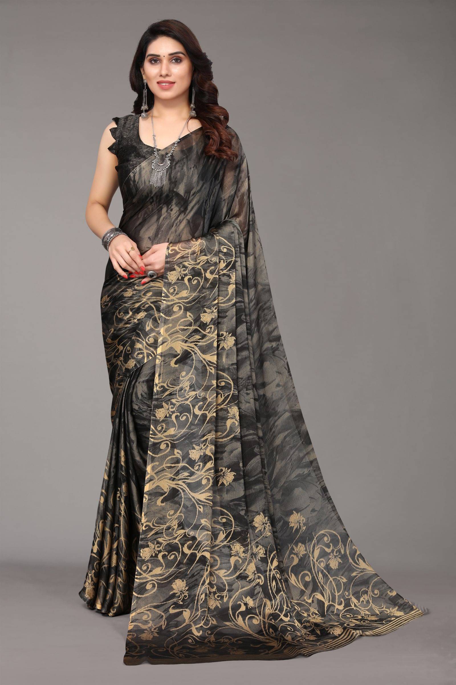     			FABMORA Chiffon Printed Saree With Unstitched Blouse Piece ( Black )