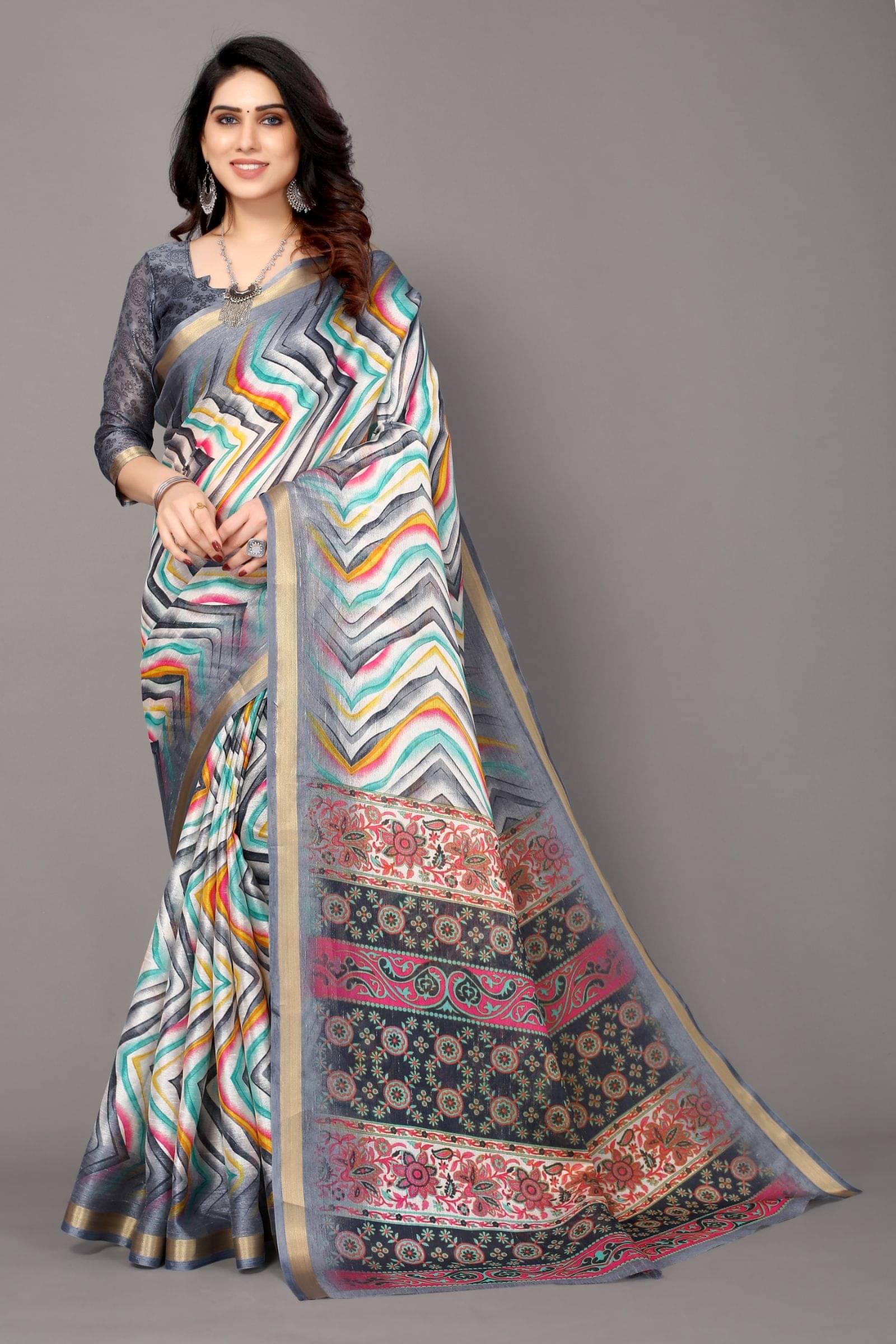     			FABMORA Cotton Printed Saree With Unstitched Blouse Piece ( Grey )