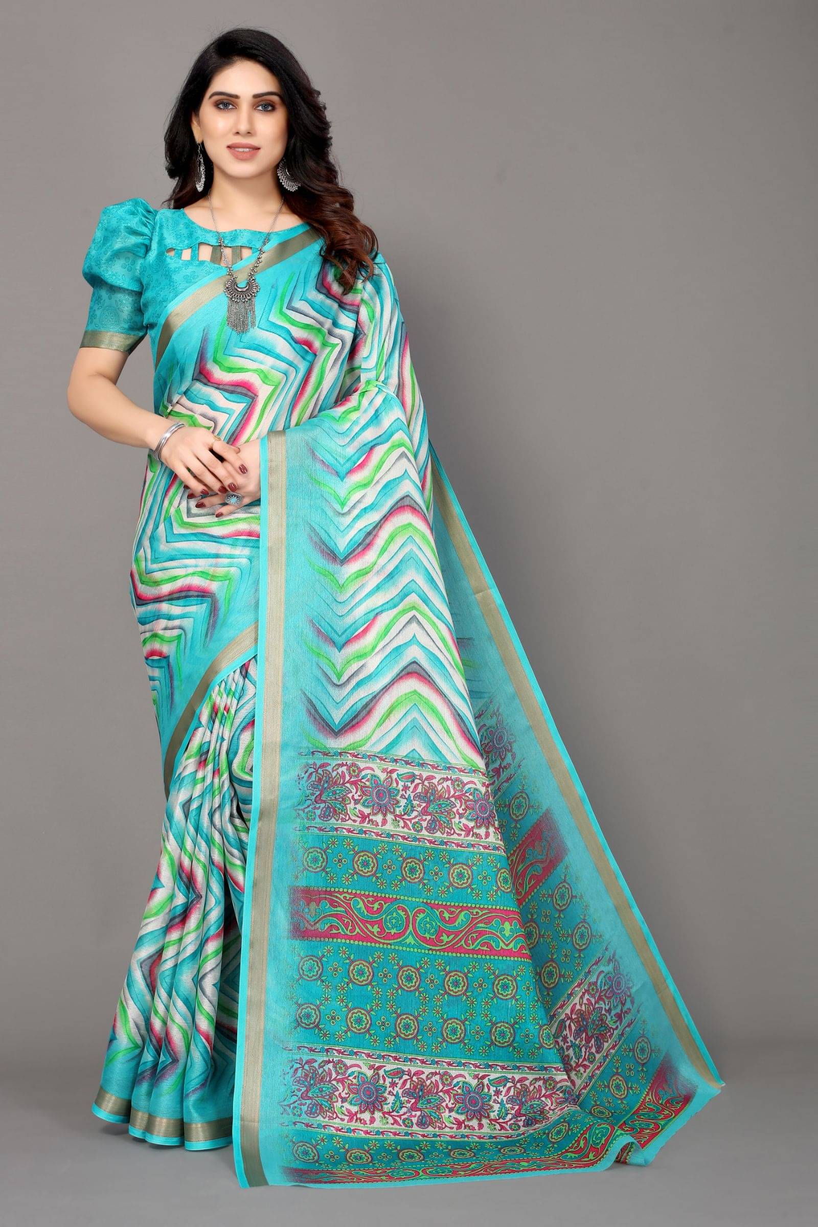 FABMORA Cotton Printed Saree With Unstitched Blouse Piece ( Rama ) FABMORA Cotton Printed Saree With Unstitched Blouse Piece ( Rama )