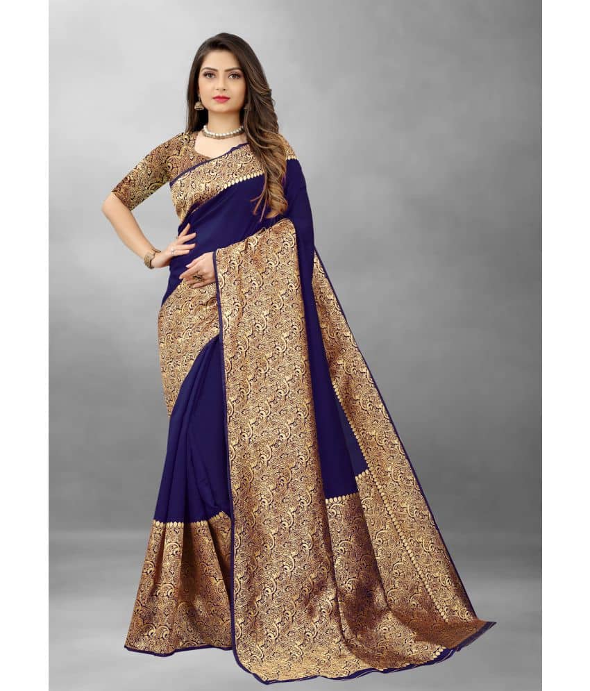 Gazal Fashions Banarasi Silk Embellished Saree With Unstitched Blouse Piece ( Navy Blue ) - Sarees | Buy online on ZillyBuy