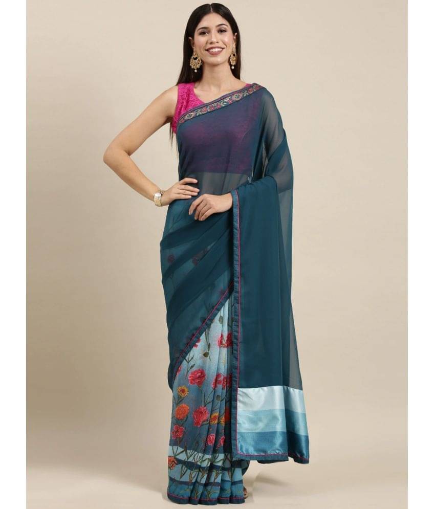 BLEESBURY Georgette Printed Saree With Unstitched Blouse Piece ( Teal ) BLEESBURY Georgette Printed Saree With Unstitched Blouse Piece ( Teal )