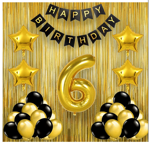     			Blooms Event   1 set Happy Birthday Banner (Black   Color), 4 pcs Golden  gold foil star 2 Golden curtain 15 golden 15 black balloon 6 No. Foil Number Golden