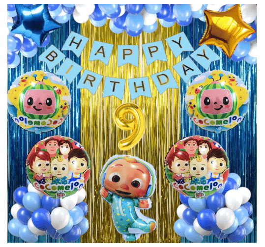     			Blooms Event  No 9 Gold Balloons + Blue Banner 30 Blue , Sky Blue & White Metallic Balloons + 1 Pc Big Cocomelon +  4 Pcs Cocomelon Round Shape Foil Balloons +  2 Pcs Blue & Gold Star Shape Foil Balloons + 2 Royal Blue & 1 Gold  Curtains