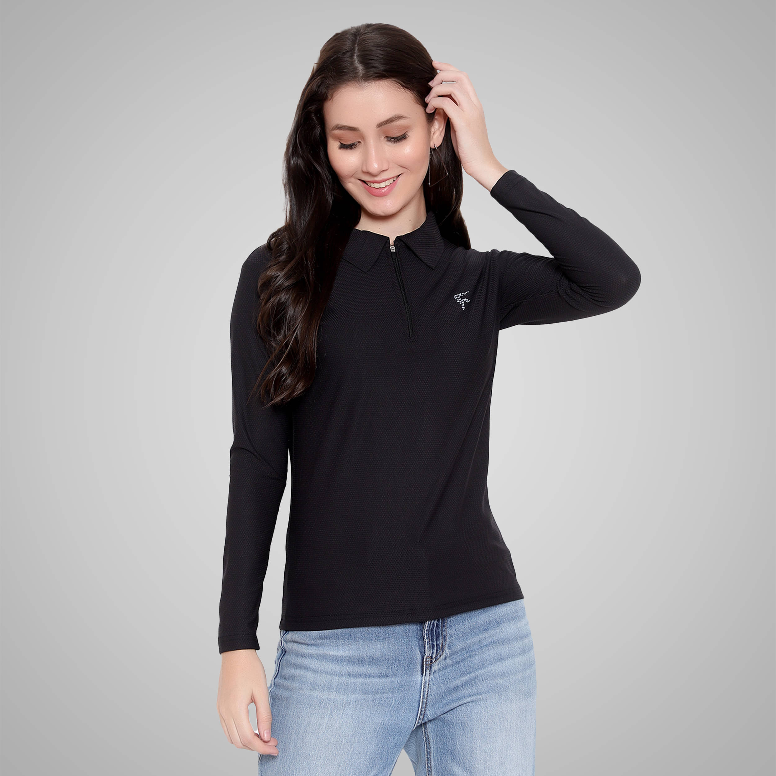 Diaz Women Polyester Solid Regular Fit Polo Collar T-Shirt ( Black ) Diaz Women Polyester Solid Regular Fit Polo Collar T-Shirt ( Black )