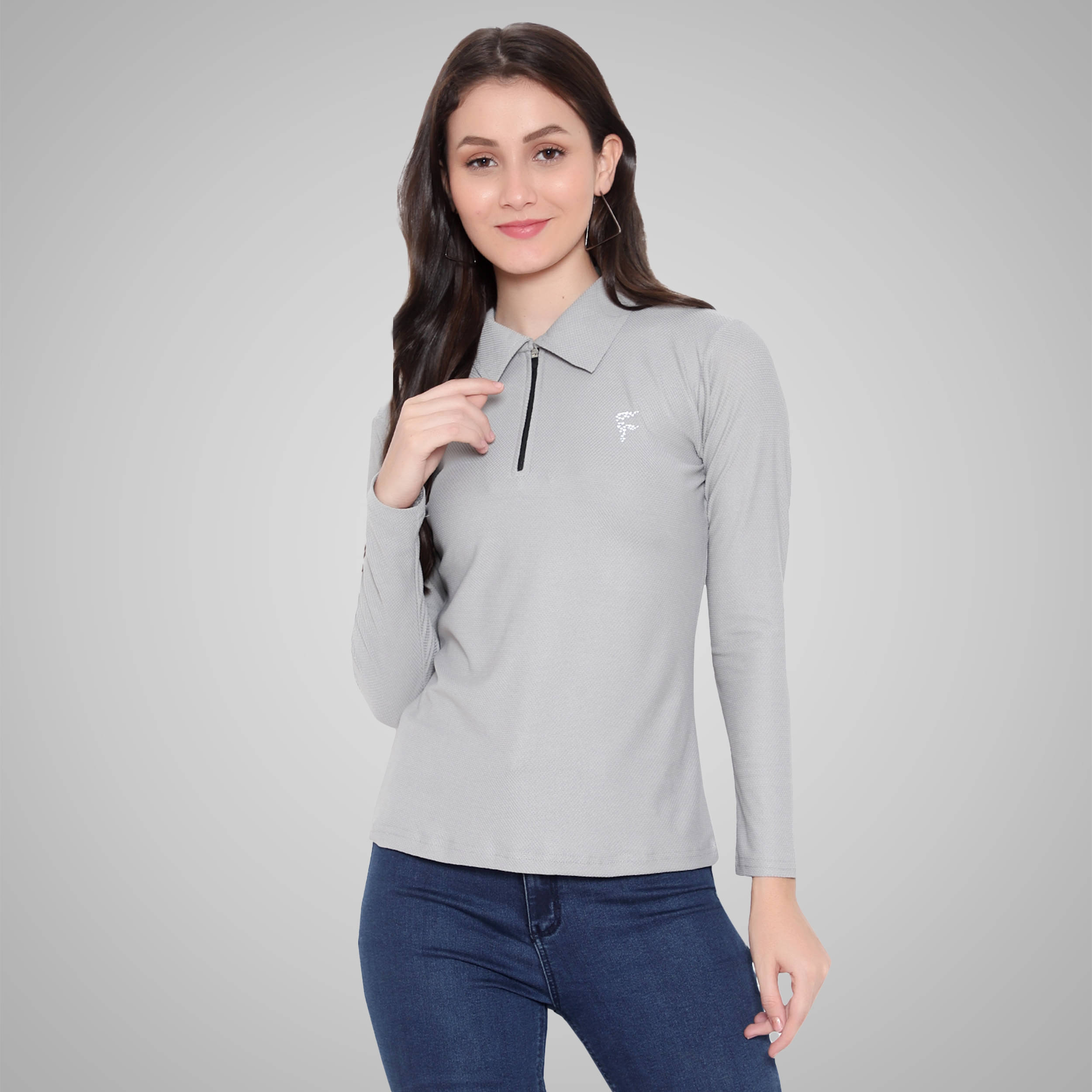 Diaz Women Polyester Solid Regular Fit Polo Collar T-Shirt ( Grey ) Diaz Women Polyester Solid Regular Fit Polo Collar T-Shirt ( Grey )