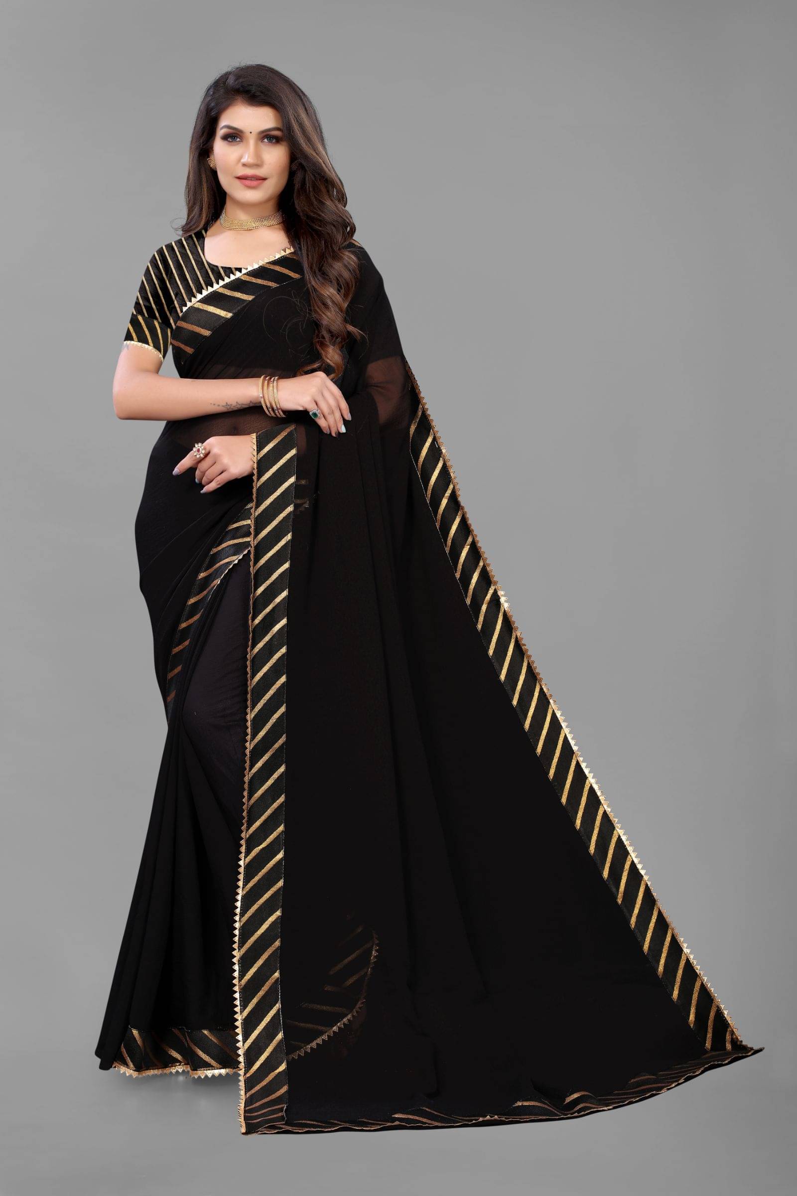 FABMORA Georgette Striped Saree With Unstitched Blouse Piece ( Black ) FABMORA Georgette Striped Saree With Unstitched Blouse Piece ( Black )