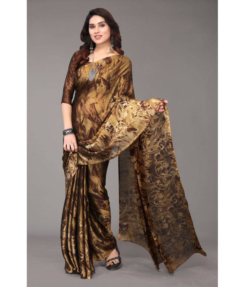     			FABMORA Chiffon Printed Saree With Unstitched Blouse Piece ( Brown )