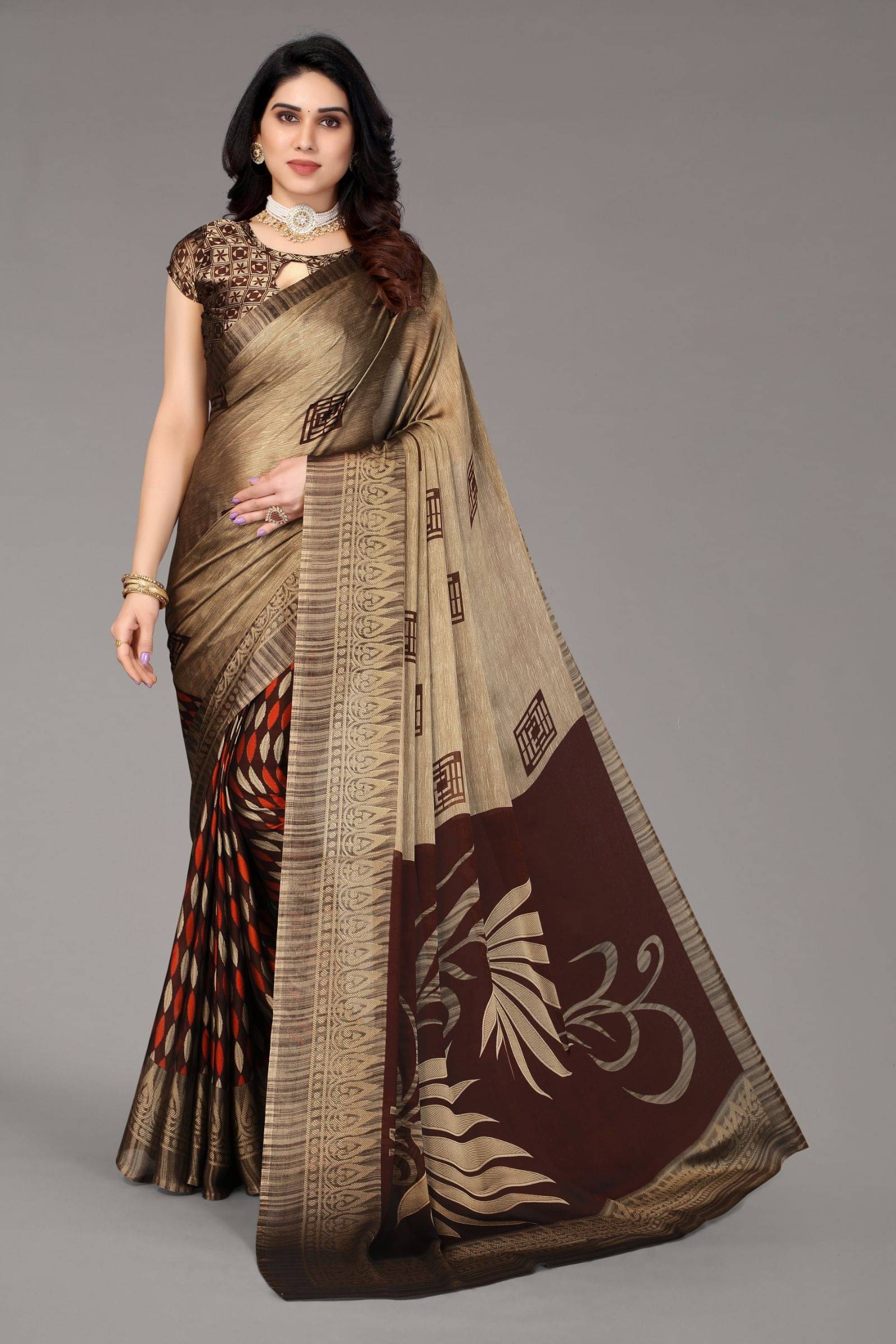 FABMORA Chiffon Printed Saree With Unstitched Blouse Piece ( Coffee ) FABMORA Chiffon Printed Saree With Unstitched Blouse Piece ( Coffee )
