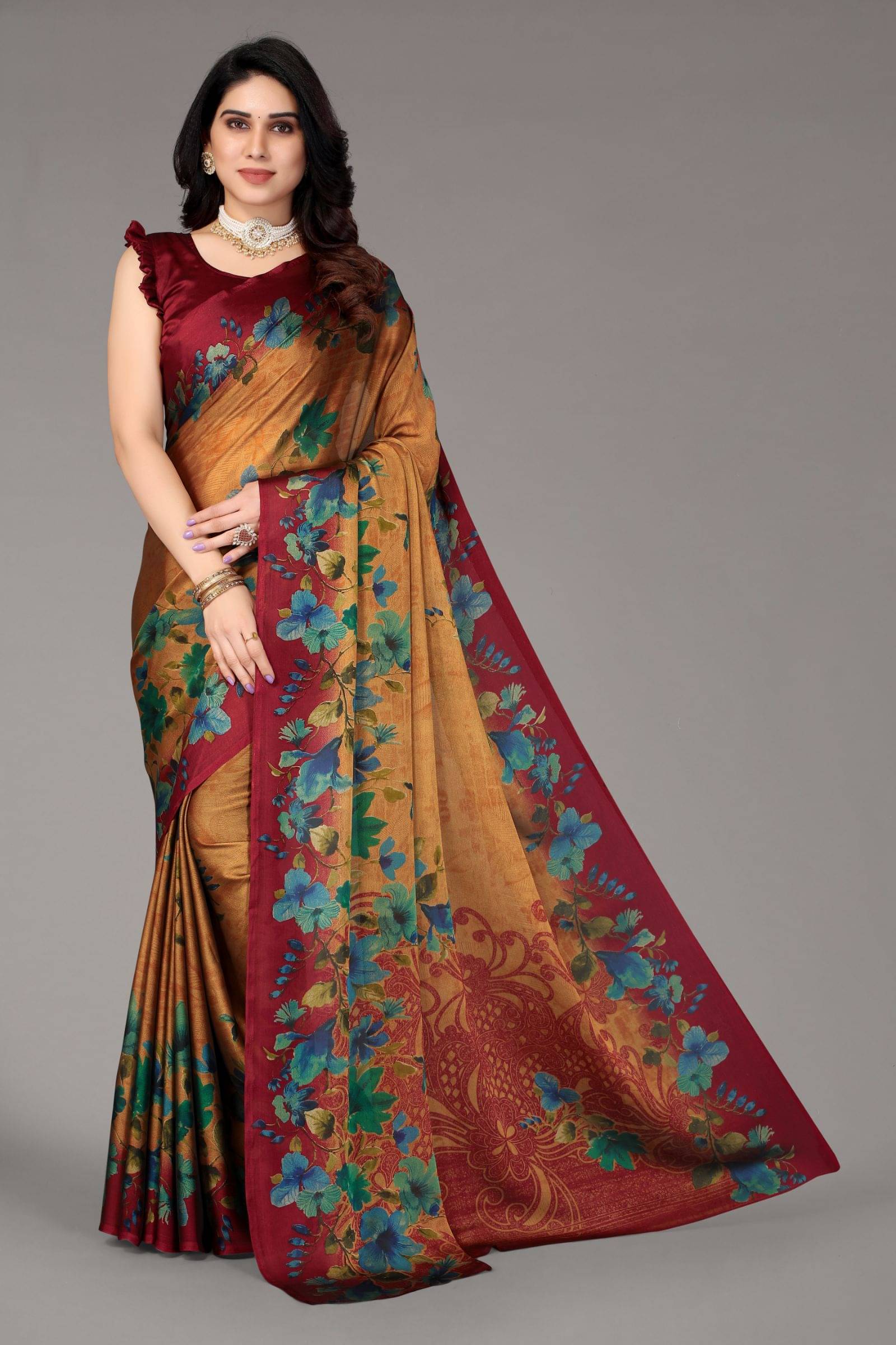 FABMORA Chiffon Printed Saree With Unstitched Blouse Piece ( Maroon ) FABMORA Chiffon Printed Saree With Unstitched Blouse Piece ( Maroon )