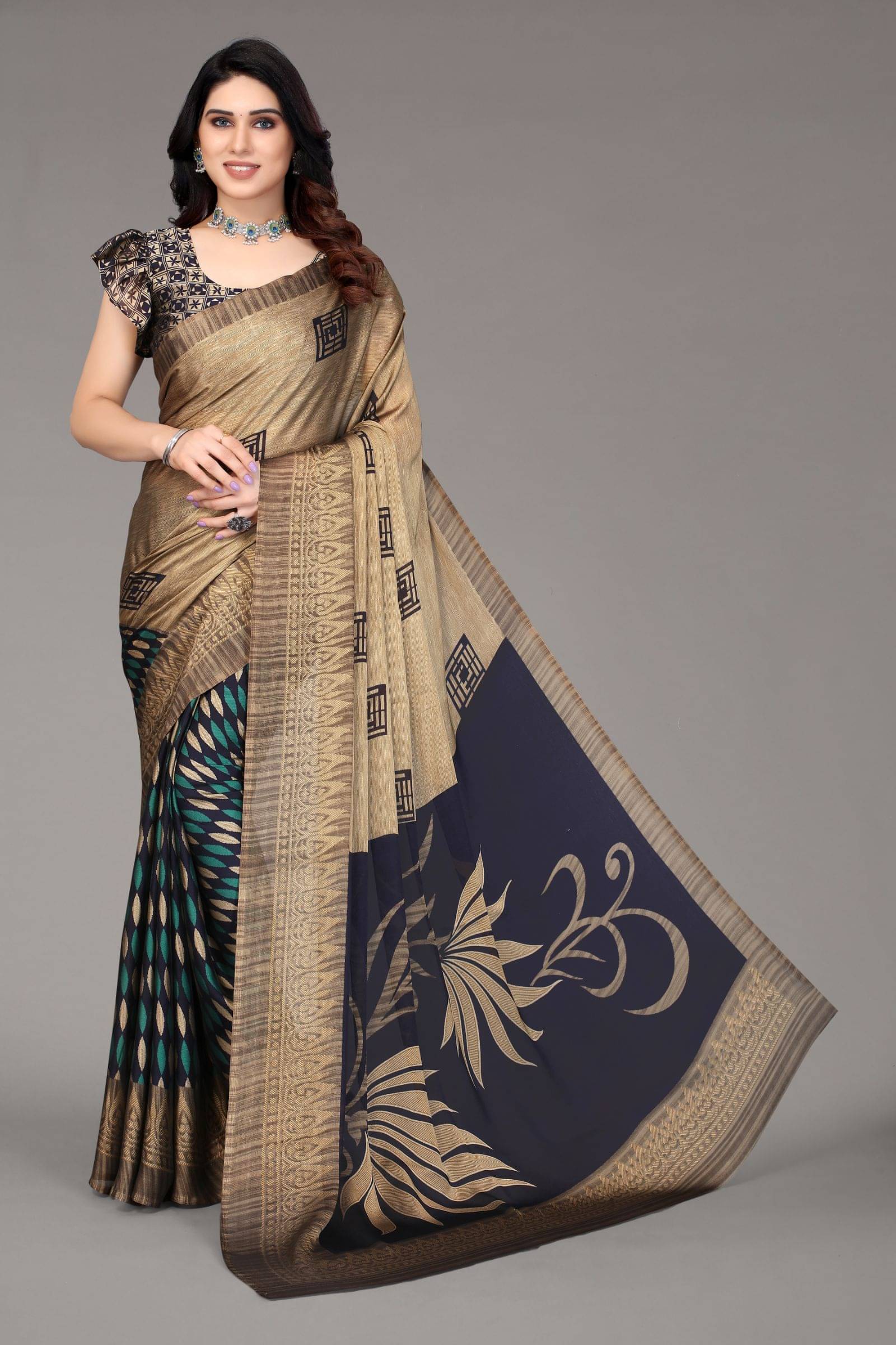 FABMORA Chiffon Printed Saree With Unstitched Blouse Piece ( Navy Blue ) FABMORA Chiffon Printed Saree With Unstitched Blouse Piece ( Navy Blue )
