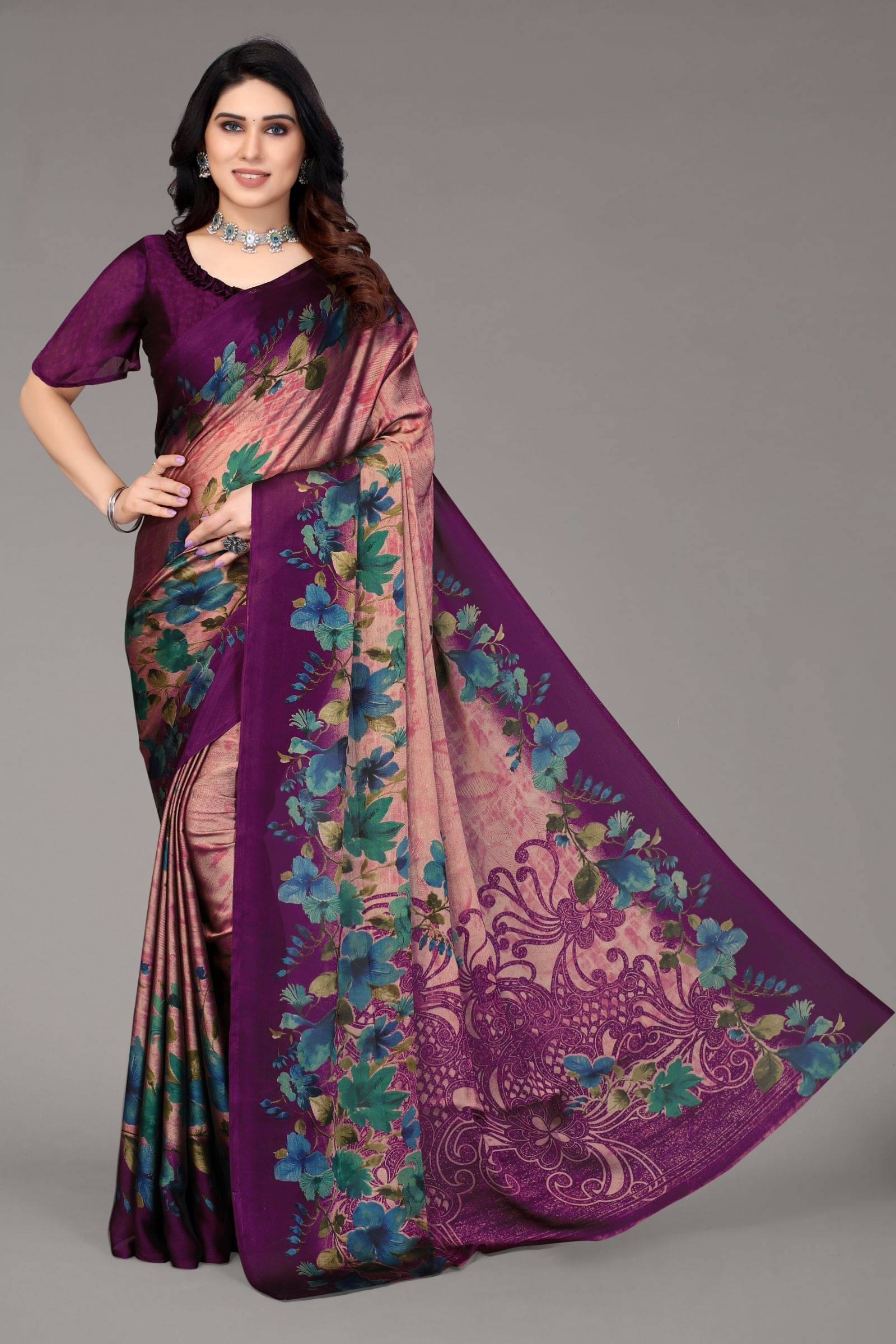 FABMORA Chiffon Printed Saree With Unstitched Blouse Piece ( Purple )     			FABMORA Chiffon Printed Saree With Unstitched Blouse Piece ( Purple )