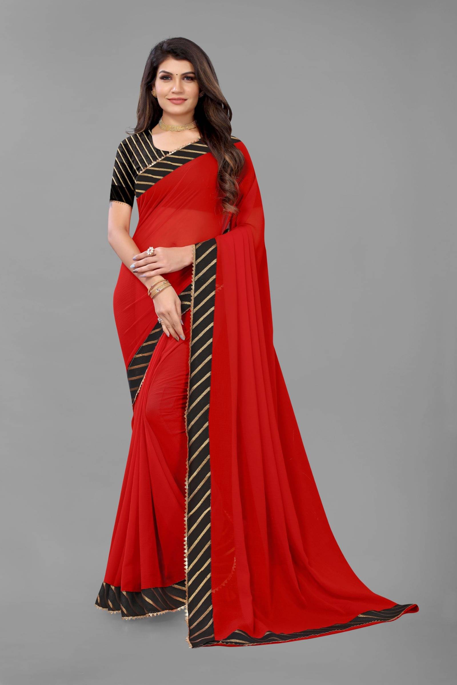 FABMORA Georgette Striped Saree With Unstitched Blouse Piece ( Red )     			FABMORA Georgette Striped Saree With Unstitched Blouse Piece ( Red )