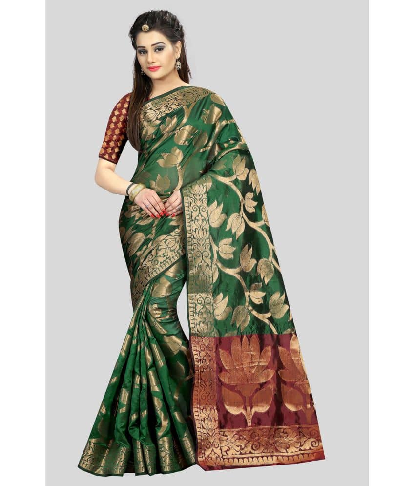 Gazal Fashions Banarasi Silk Embellished Saree With Unstitched Blouse Piece ( Green ) - Sarees | Buy online on ZillyBuy