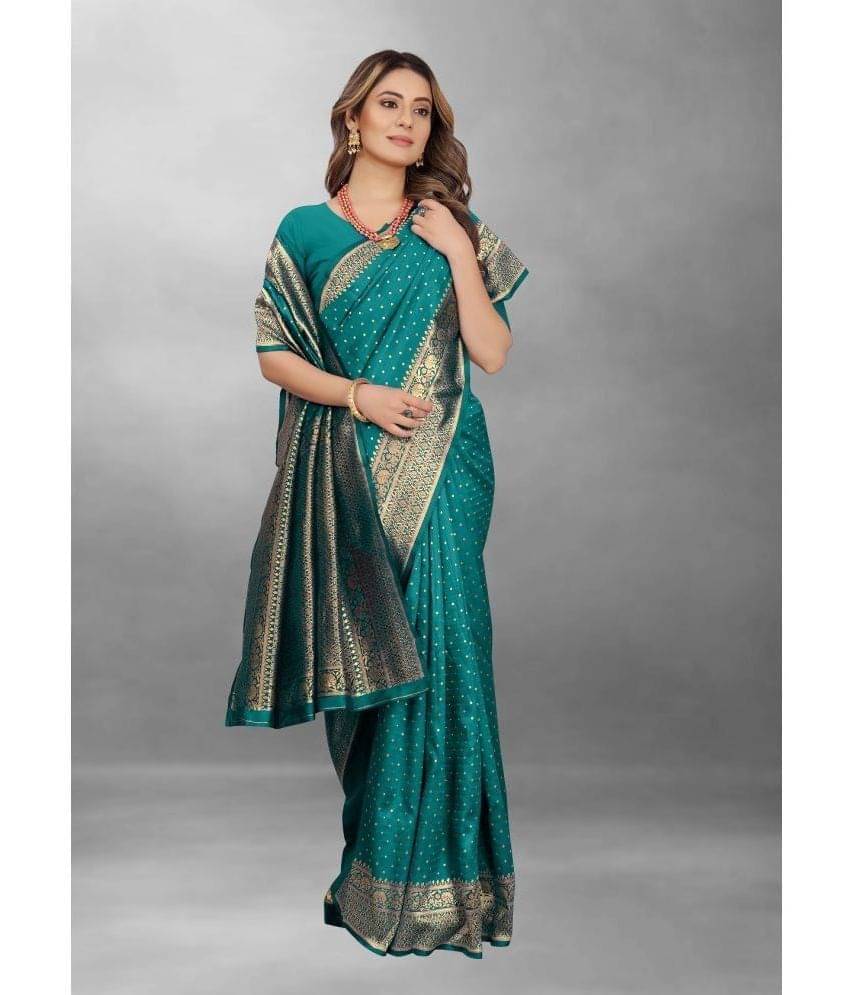 Gazal Fashions Banarasi Silk Self Design Saree With Unstitched Blouse Piece ( Rama ) Gazal Fashions Banarasi Silk Self Design Saree With Unstitched Blouse Piece ( Rama )