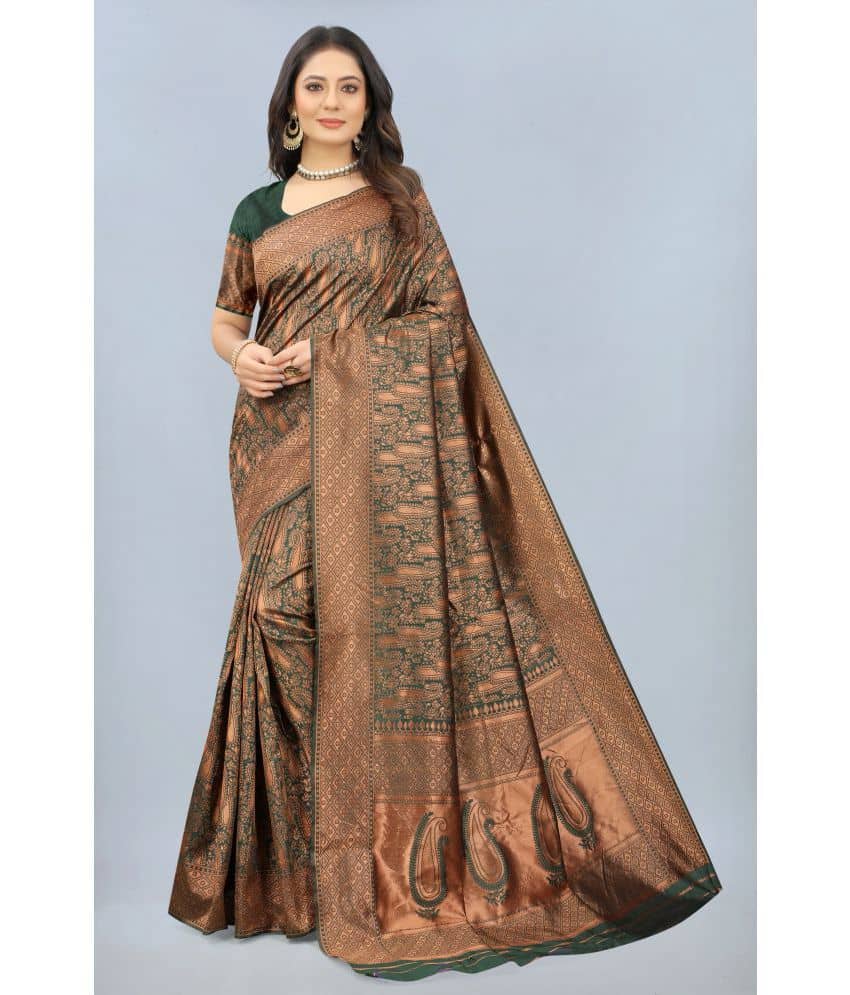 NENCY FASHION Banarasi Silk Embellished Saree With Unstitched Blouse Piece ( Green ) - Sarees | Buy online on ZillyBuy