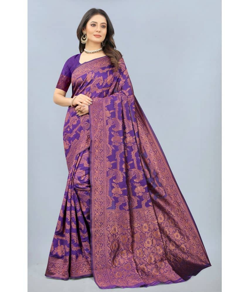 NENCY FASHION Banarasi Silk Embellished Saree With Unstitched Blouse Piece ( Indigo ) - Sarees | Buy online on ZillyBuy