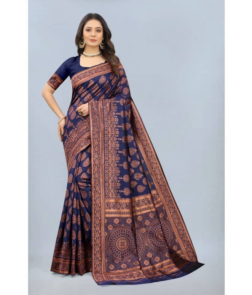 NENCY FASHION Banarasi Silk Embellished Saree With Unstitched Blouse Piece ( Navy Blue ) - Sarees | Buy online on ZillyBuy