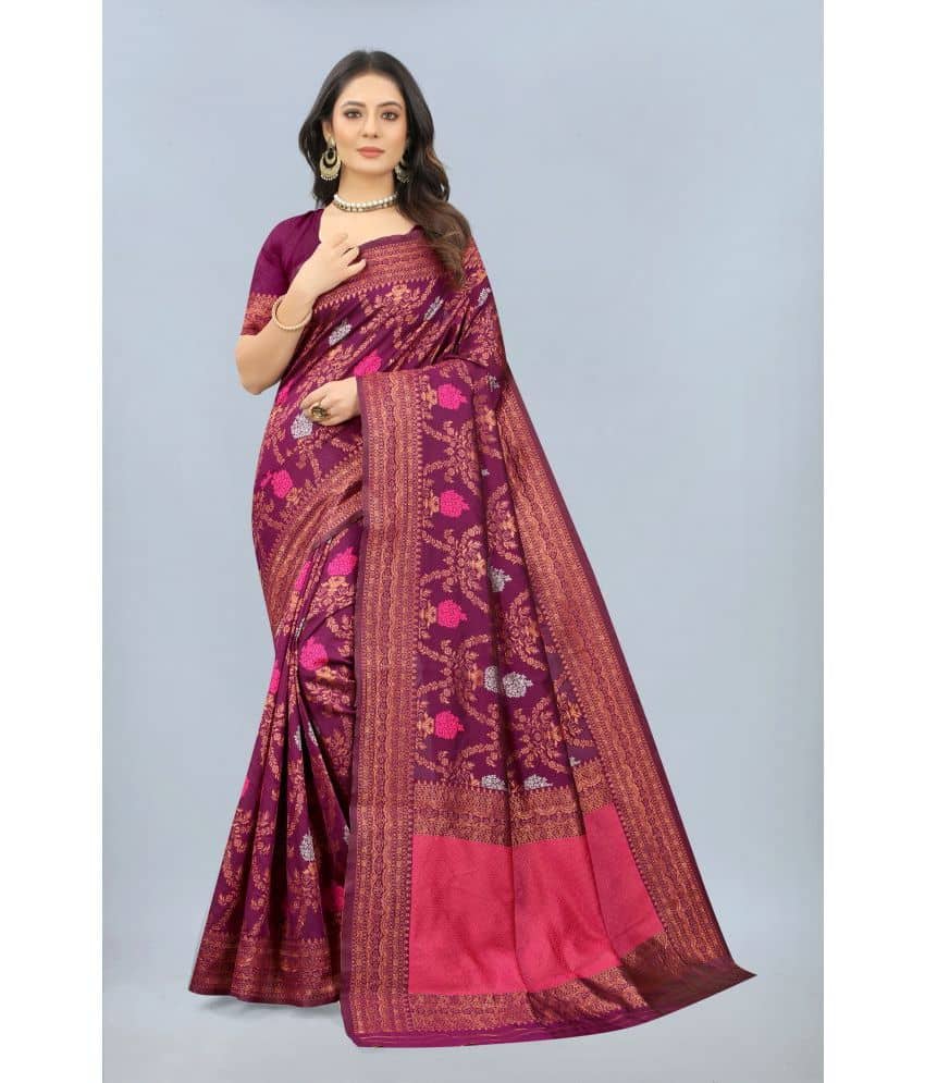 NENCY FASHION Banarasi Silk Embellished Saree With Unstitched Blouse Piece ( Wine ) - Sarees | Buy online on ZillyBuy
