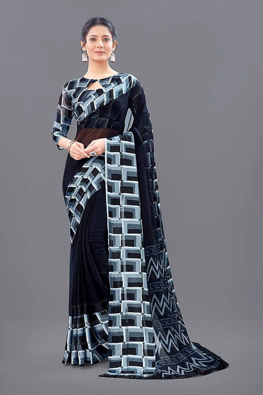 Sitanjali Georgette Printed Saree With Unstitched Blouse Piece ( Black ) - Sarees | Buy online on ZillyBuy