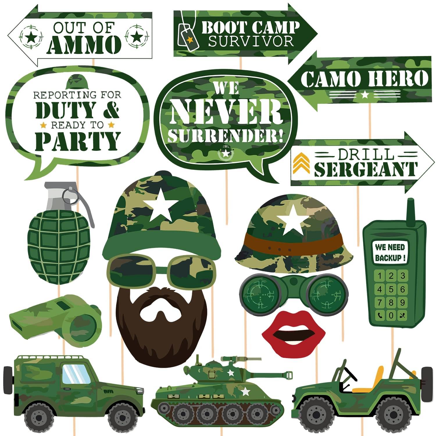    			Zyozi  18 Pcs Army Photo Booth Props with Stick,Camouflage Theme Selfie Props,Fighting Birthday Party Supplies,Military Photography Backdrop Decorations
