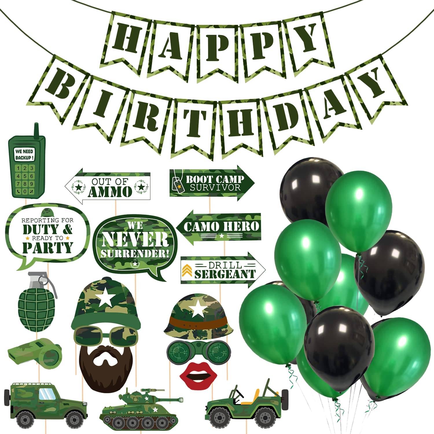     			Zyozi  18 Pcs Army Photo Booth Props with 1 Set Banner and 20 pcs Balloons,Camouflage Theme Selfie Props,Fighting Birthday Party Supplies,Military Photography Backdrop Decorations