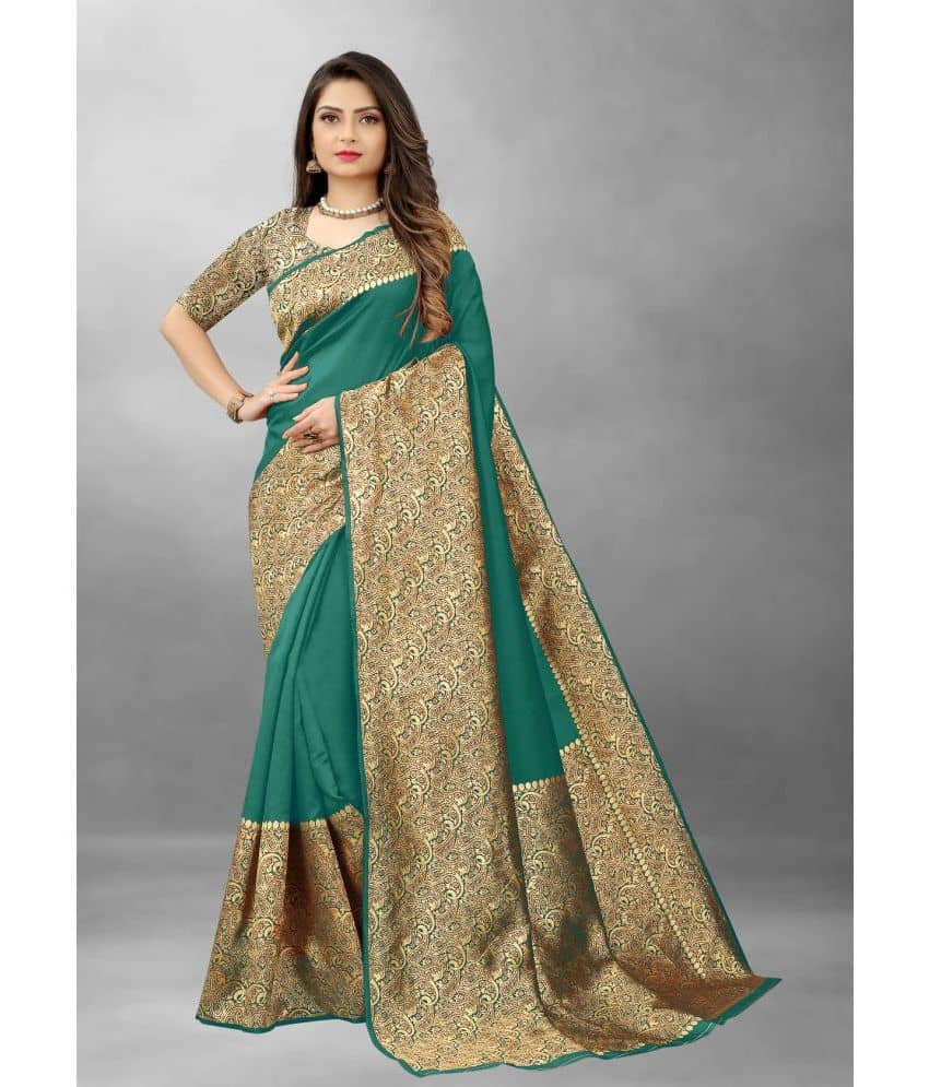 Gazal Fashions Banarasi Silk Embellished Saree With Unstitched Blouse Piece ( Rama ) - Sarees | Buy online on ZillyBuy