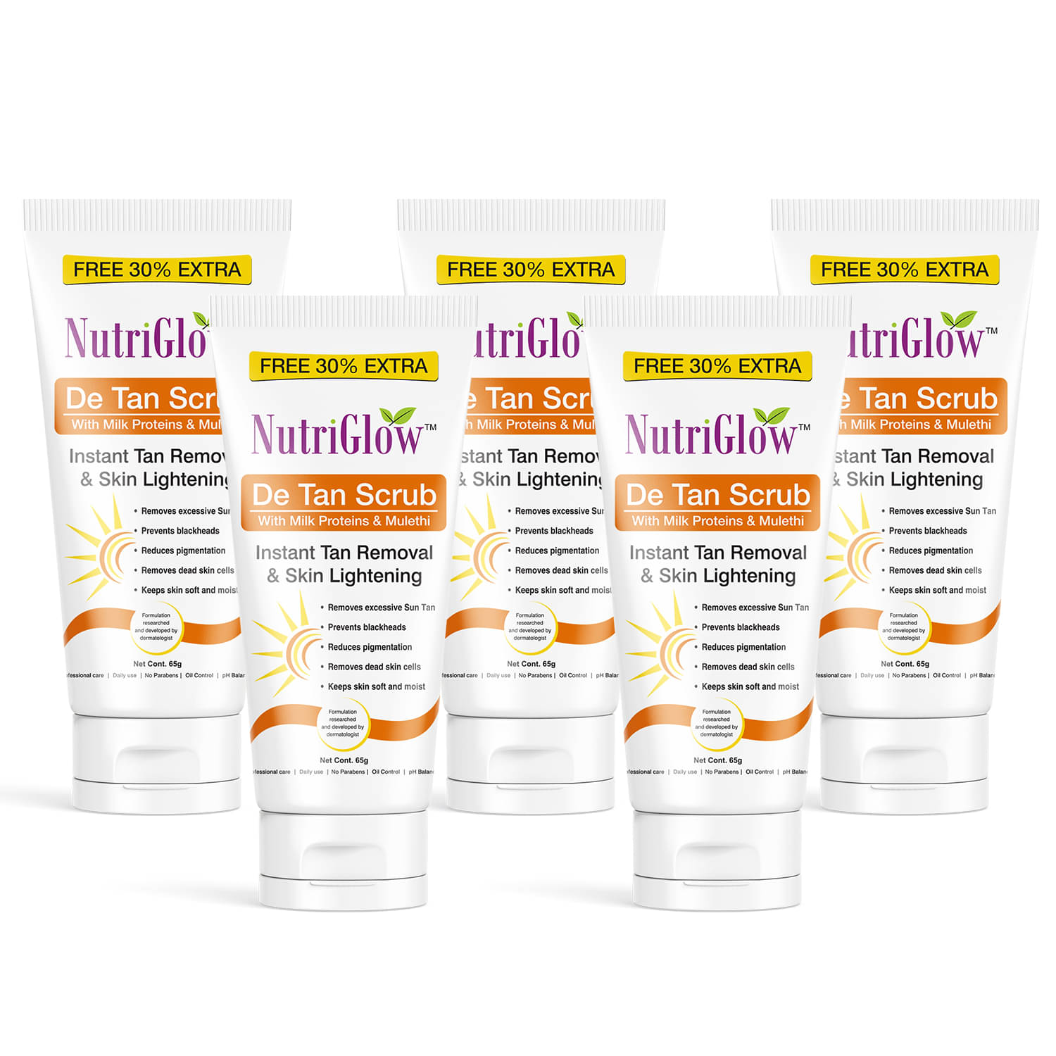 Nutriglow De tan Scrub instant Tan removal and Skin Lightning For Men & Women Each 65gm (Pack of 5) Nutriglow De tan Scrub instant Tan removal and Skin Lightning For Men & Women Each 65gm (Pack of 5)