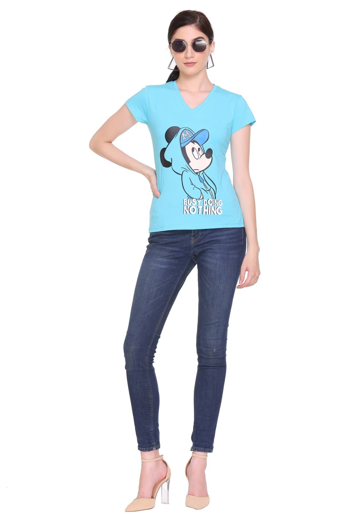     			RF RAVES Women Cotton Printed Regular Fit V-Neck T-Shirt ( Light Blue )