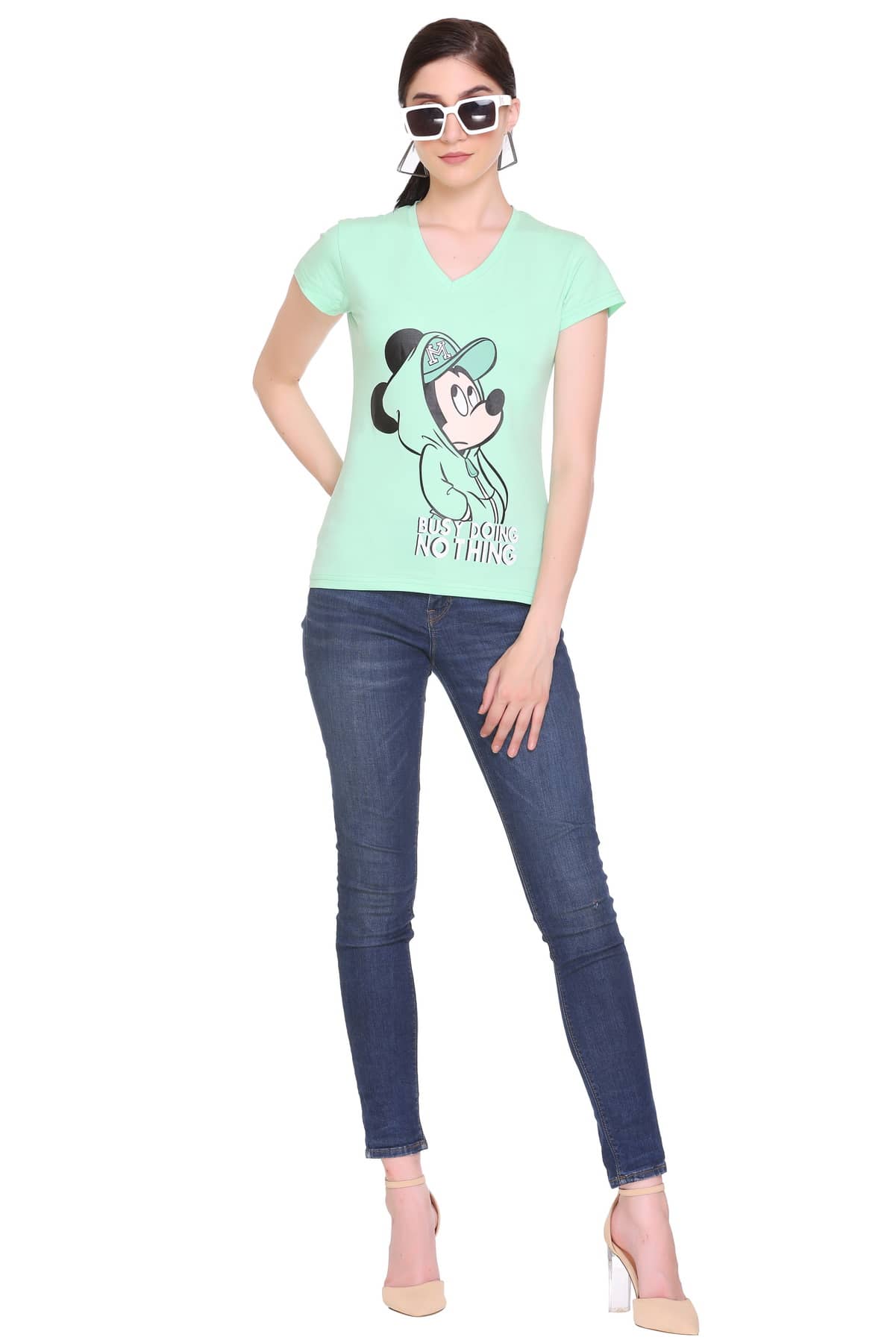 RF RAVES Women Cotton Printed Regular Fit V-Neck T-Shirt ( Lime Green )