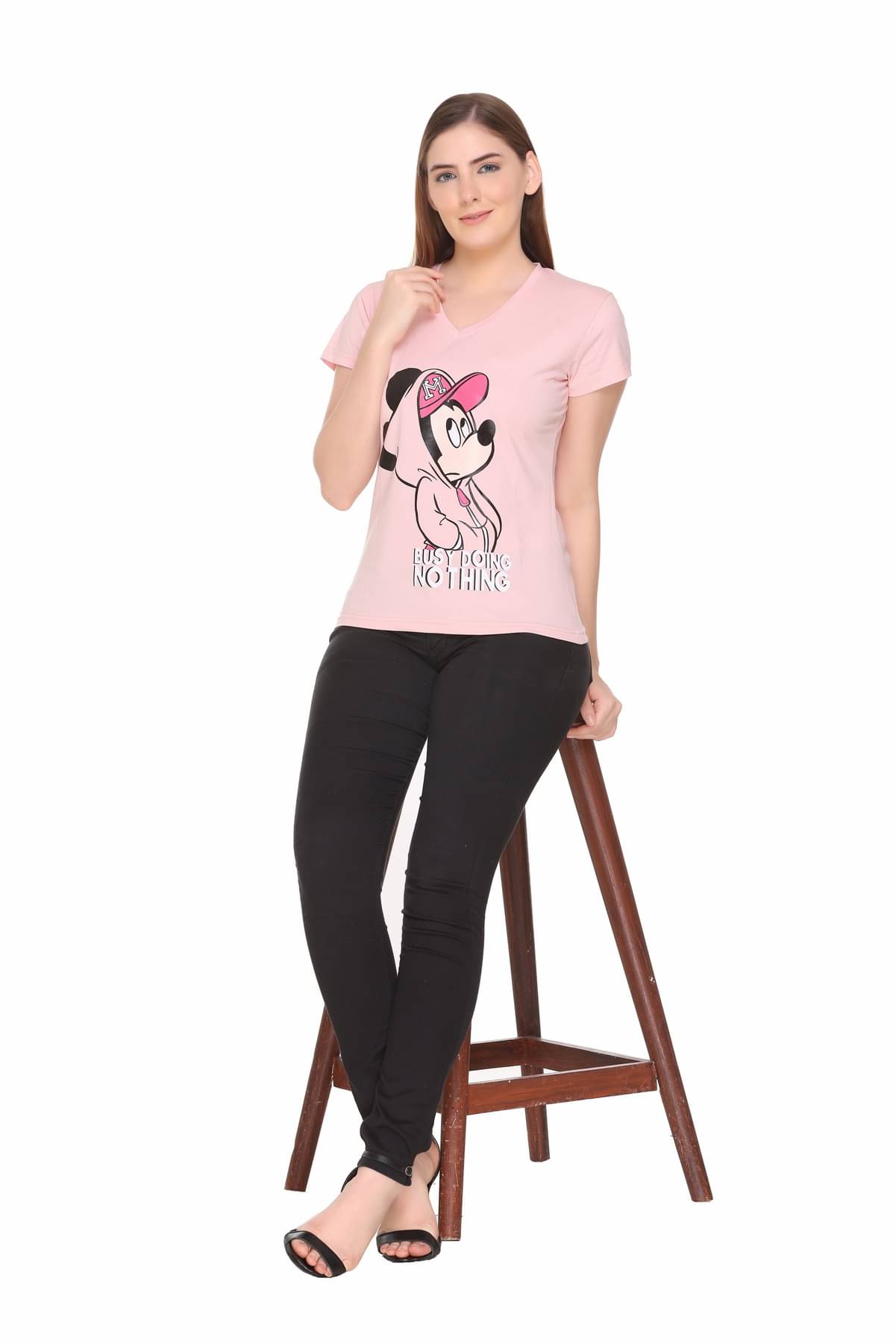     			RF RAVES Women Cotton Printed Regular Fit V-Neck T-Shirt ( Pink )