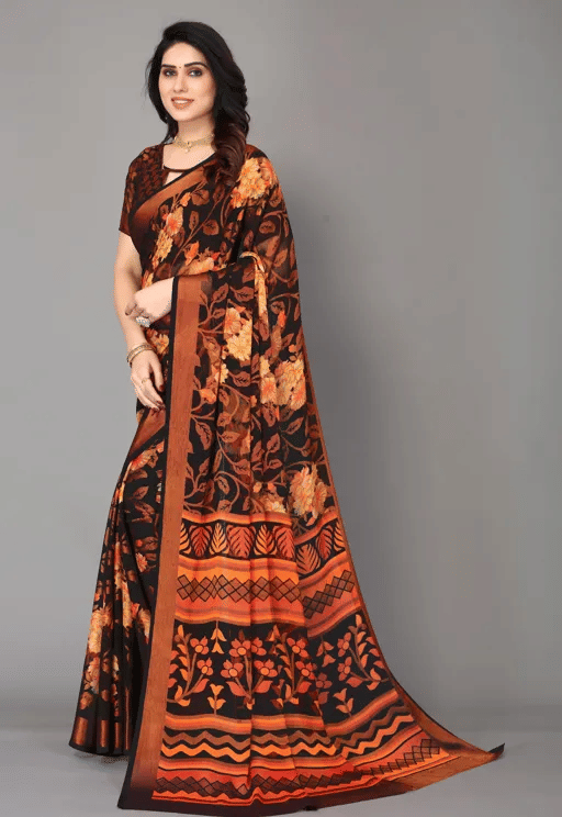     			Sitanjali Brasso Printed Saree With Unstitched Blouse Piece ( Black )
