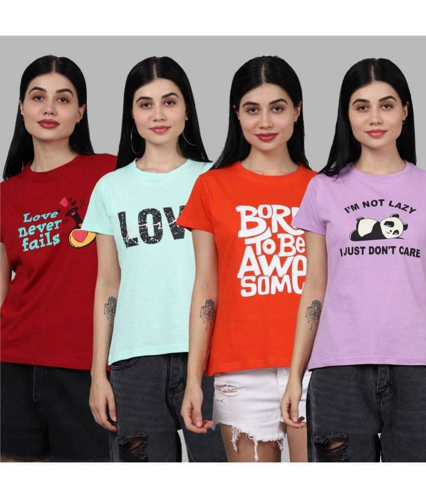     			Fabflee Women Cotton Printed Regular Fit Round Neck T-Shirt ( Multicolor )