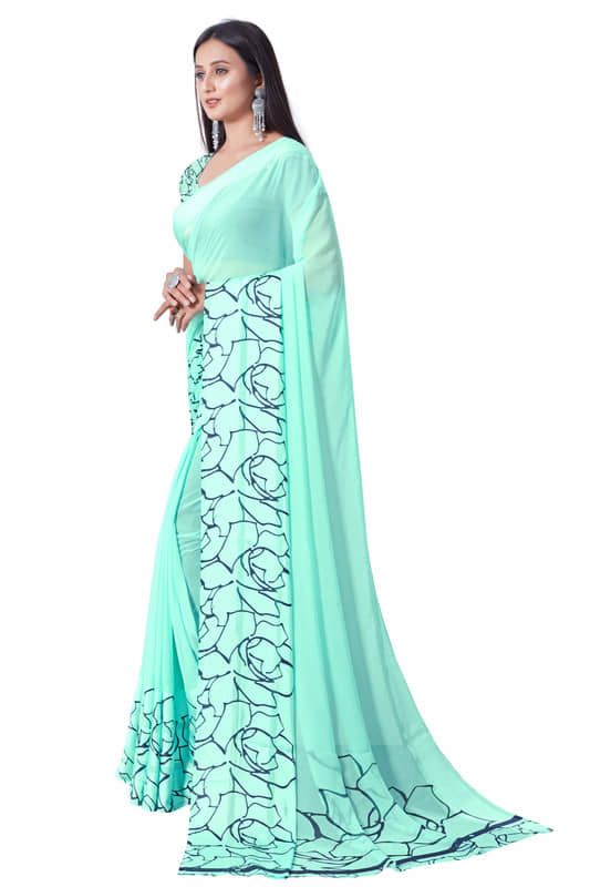 Sitanjali Georgette Printed Saree With Unstitched Blouse Piece ( SkyBlue ) - Sarees | Buy online on ZillyBuy