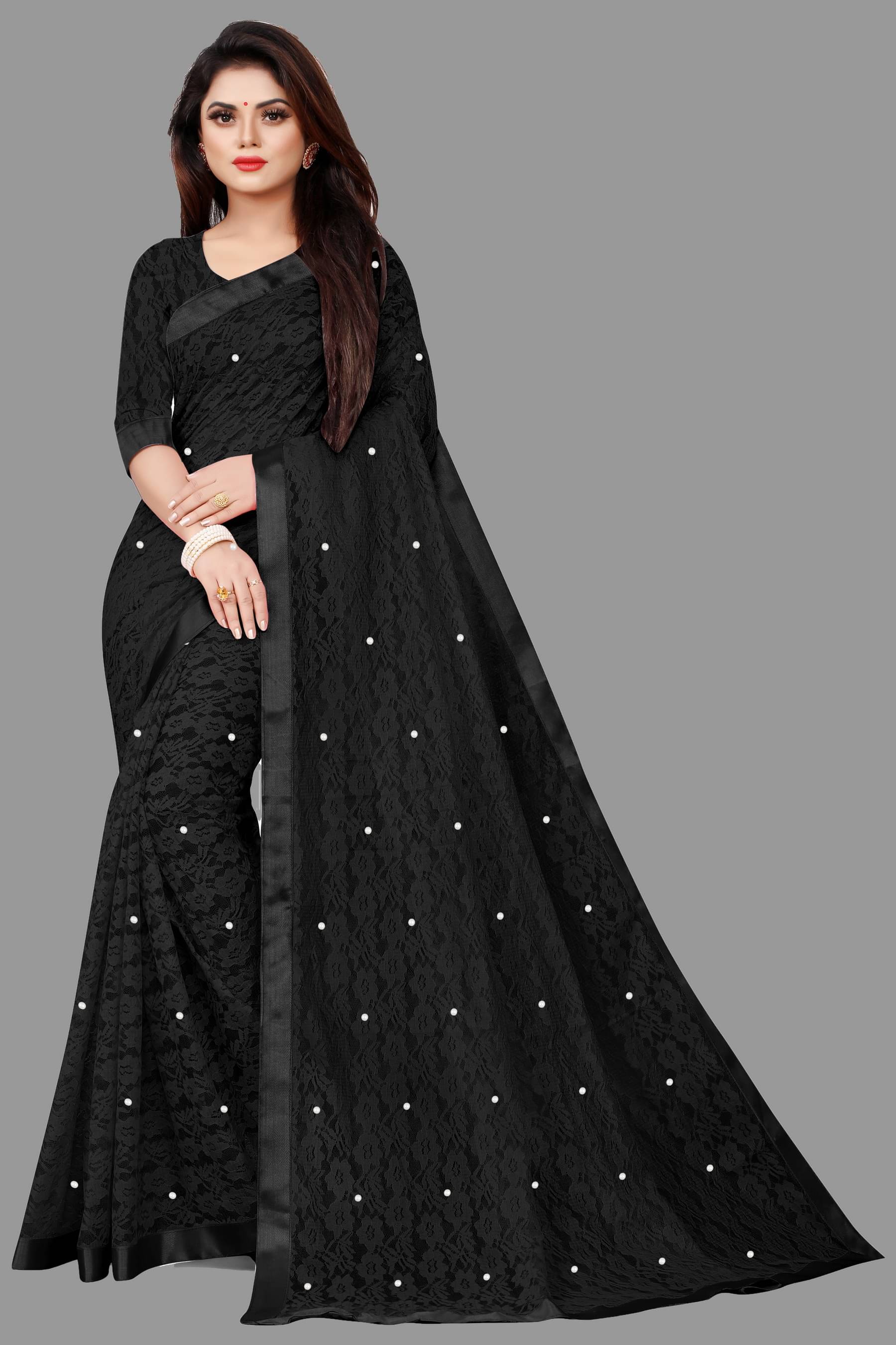     			vanraj Net Self Design Saree With Unstitched Blouse Piece ( Black )