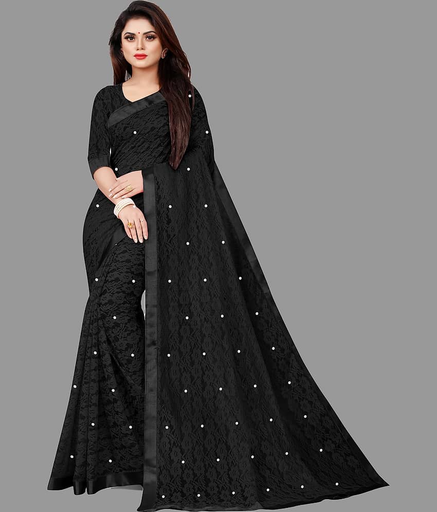 vanraj Net Self Design Saree With Unstitched Blouse Piece ( Black ) - Sarees | Buy online on ZillyBuy