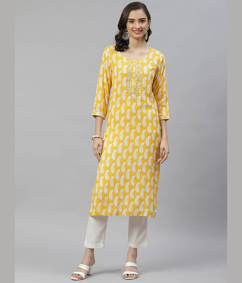HIGHLIGHT FASHION EXPORT - Yellow Cotton Blend Women's Straight Kurti ( Pack of 1 ) - Kurtis, Tunics | Buy online on ZillyBuy